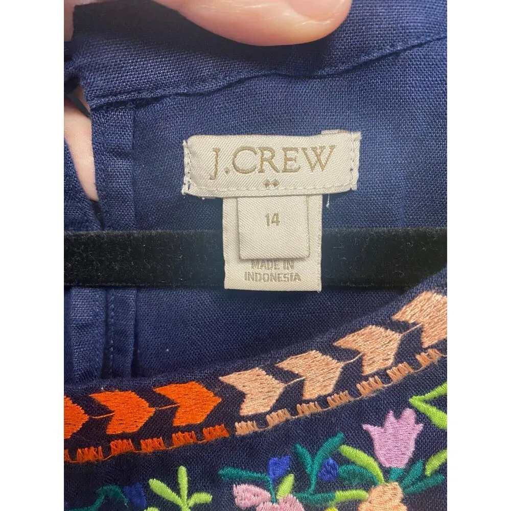 J. Crew Mini Dress Womens 14 Blue Embroidered Sleeveless Scoop Neck Pockets B76 - Image 3