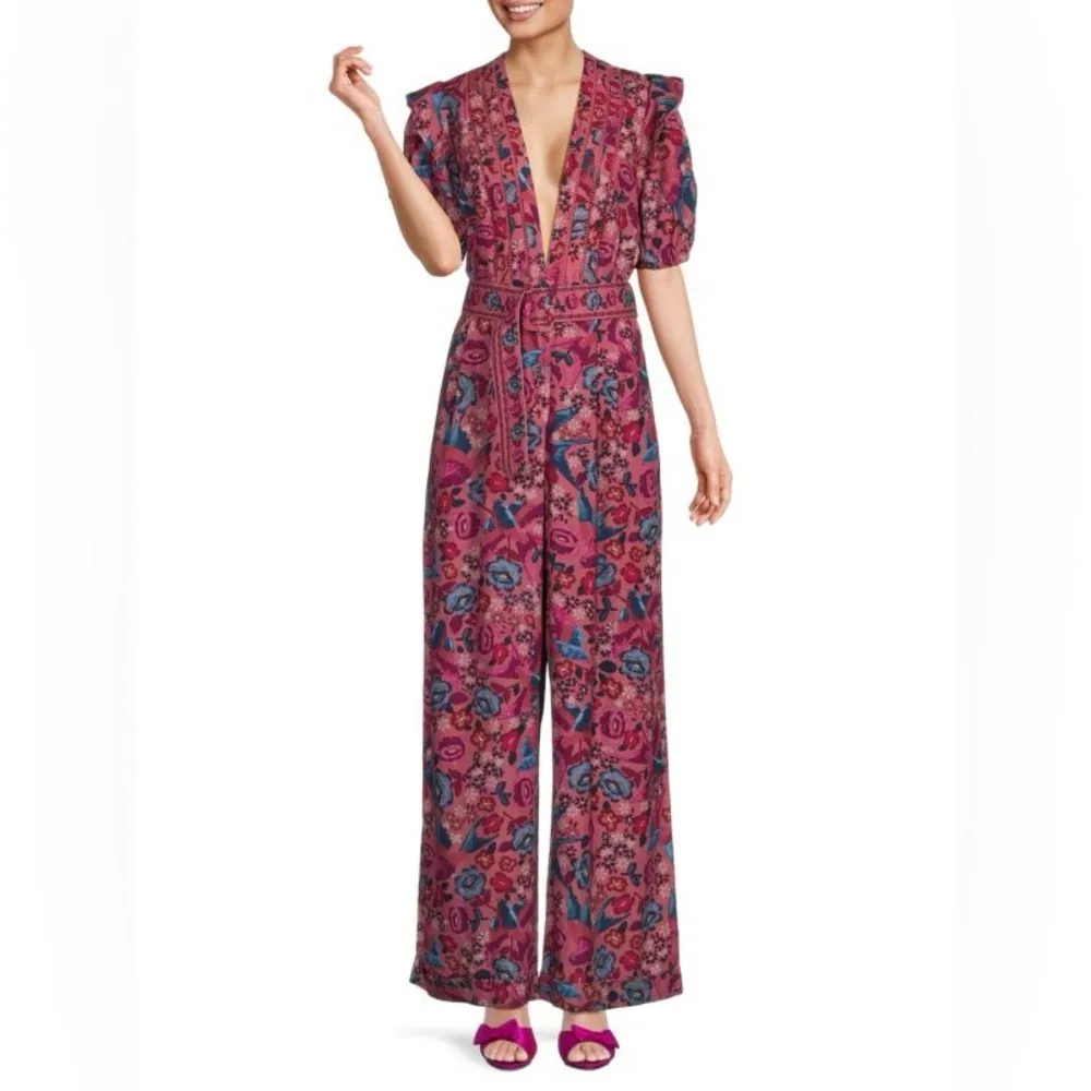 FARM Rio Floral Birds Blush Jumpsuit with Puff Sleeves Size: XL - Image 7