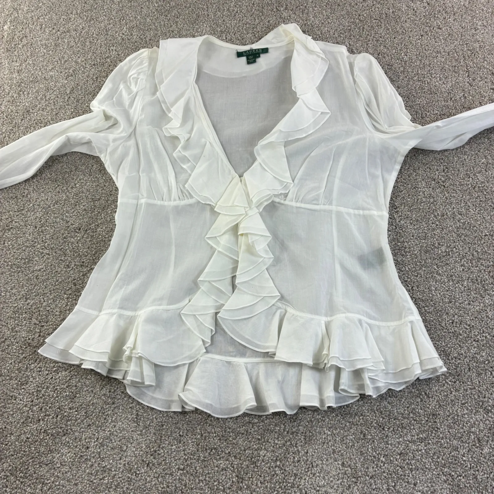 Lauren Ralph Lauren Womens 14 Sheer Ruffle Front Long Sleeve Blouse Peasant Boho - Image 8