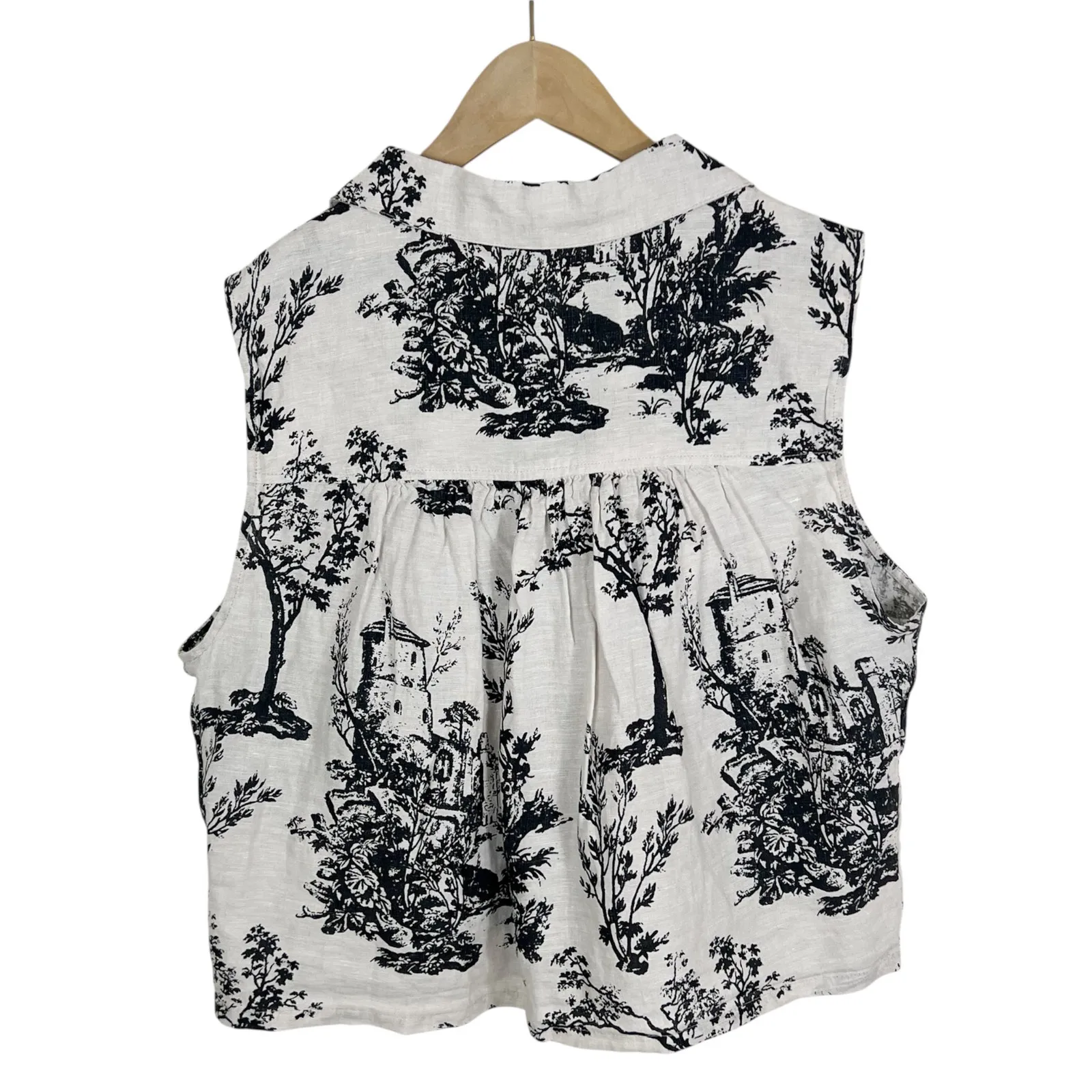 Joie 100% Linen Sleeveless Top Shirt White with Black Toile Scenic Print Large - Image 3
