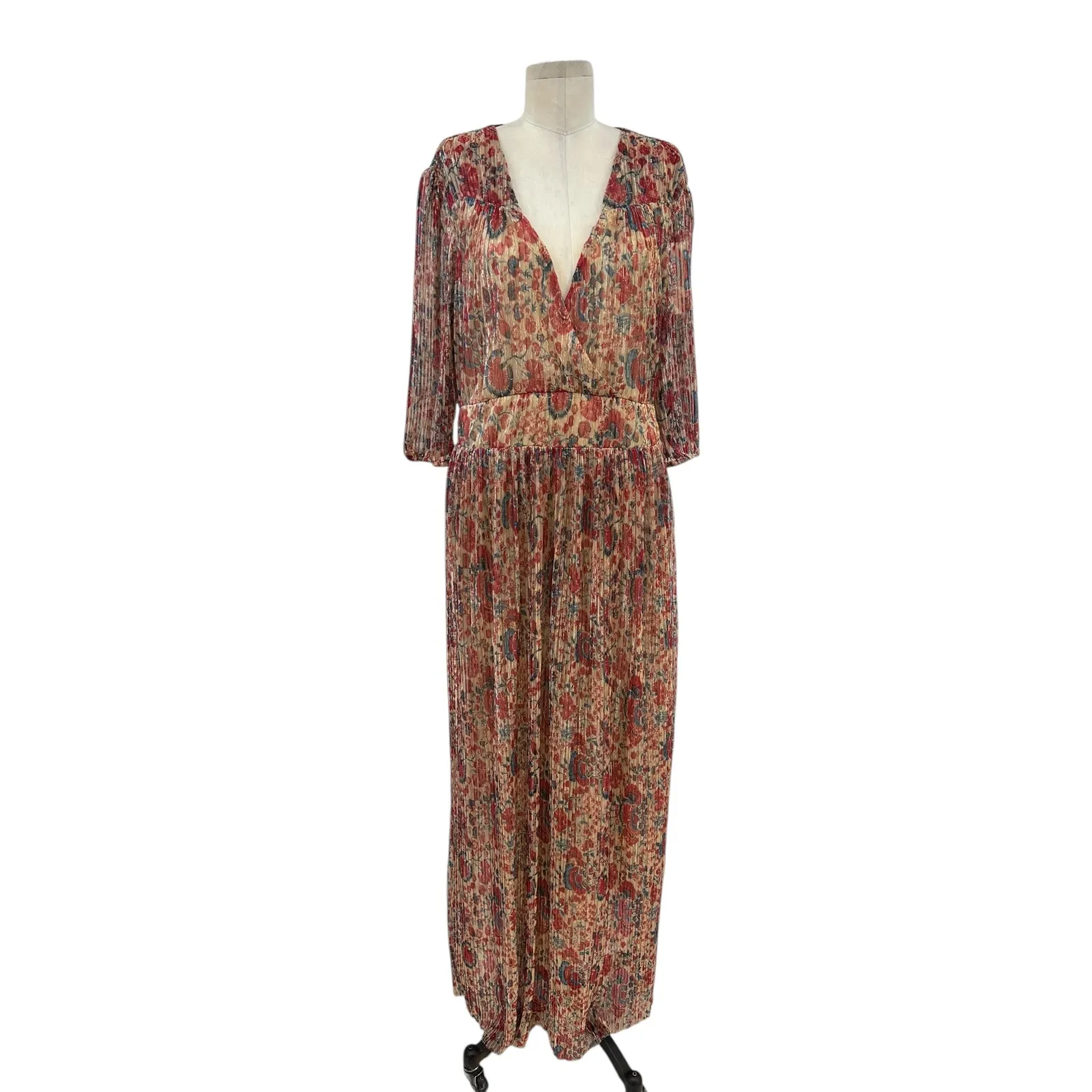 ba&sh Athena Dress Maxi Floral Print Metallic Sparkly Red Blue Size 3 US 8 - Image 3