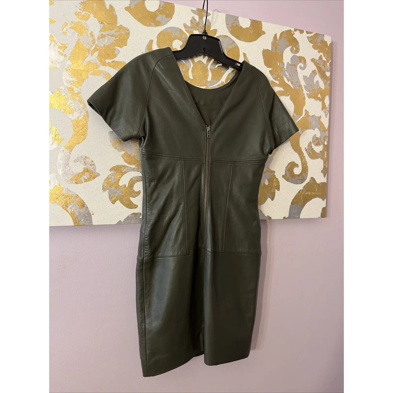 Reiss Size 4 Olive Green Lamb Leather  Mini Dress‎ - Image 4