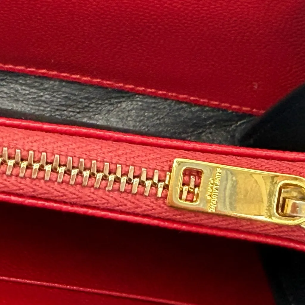 Yves Saint Laurent YSL Monogram Chevron Leather Clutch Crossbody Wallet with Chain Red - Image 7