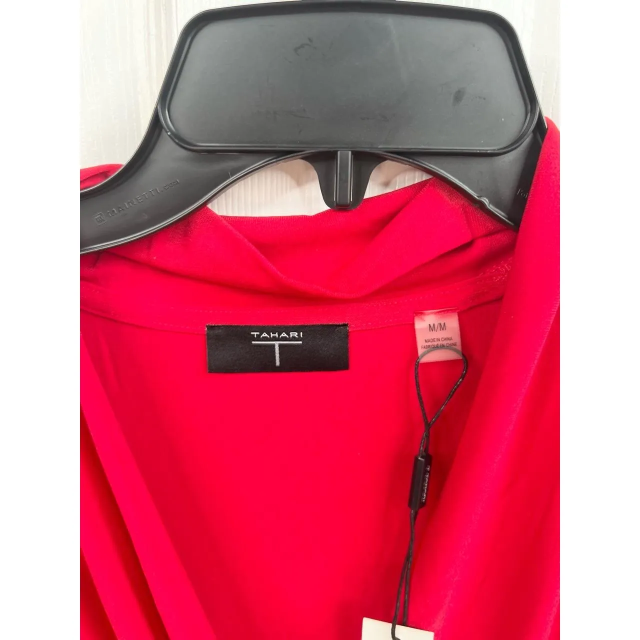 T TAHARI Blouse Size M Red Draped V Neck Short Sleeve Jersey Knit Faux Wrap Top - Image 5
