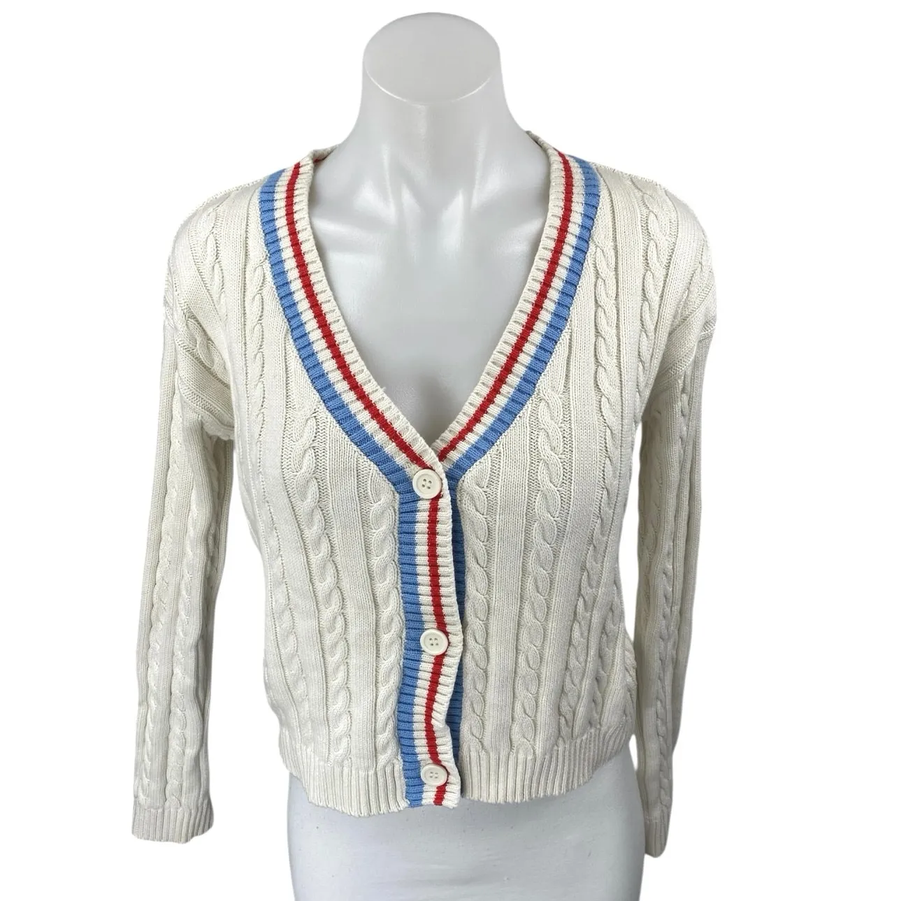 Prince White Cable Knit Striped Long Sleeve Button Up Cardigan Sweater Top XS - Image 2