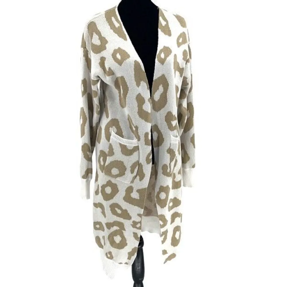 Vestidos Womens Animal Print Open‎ Front Pocket Long Line Cardigan Tan Medium - Image 2