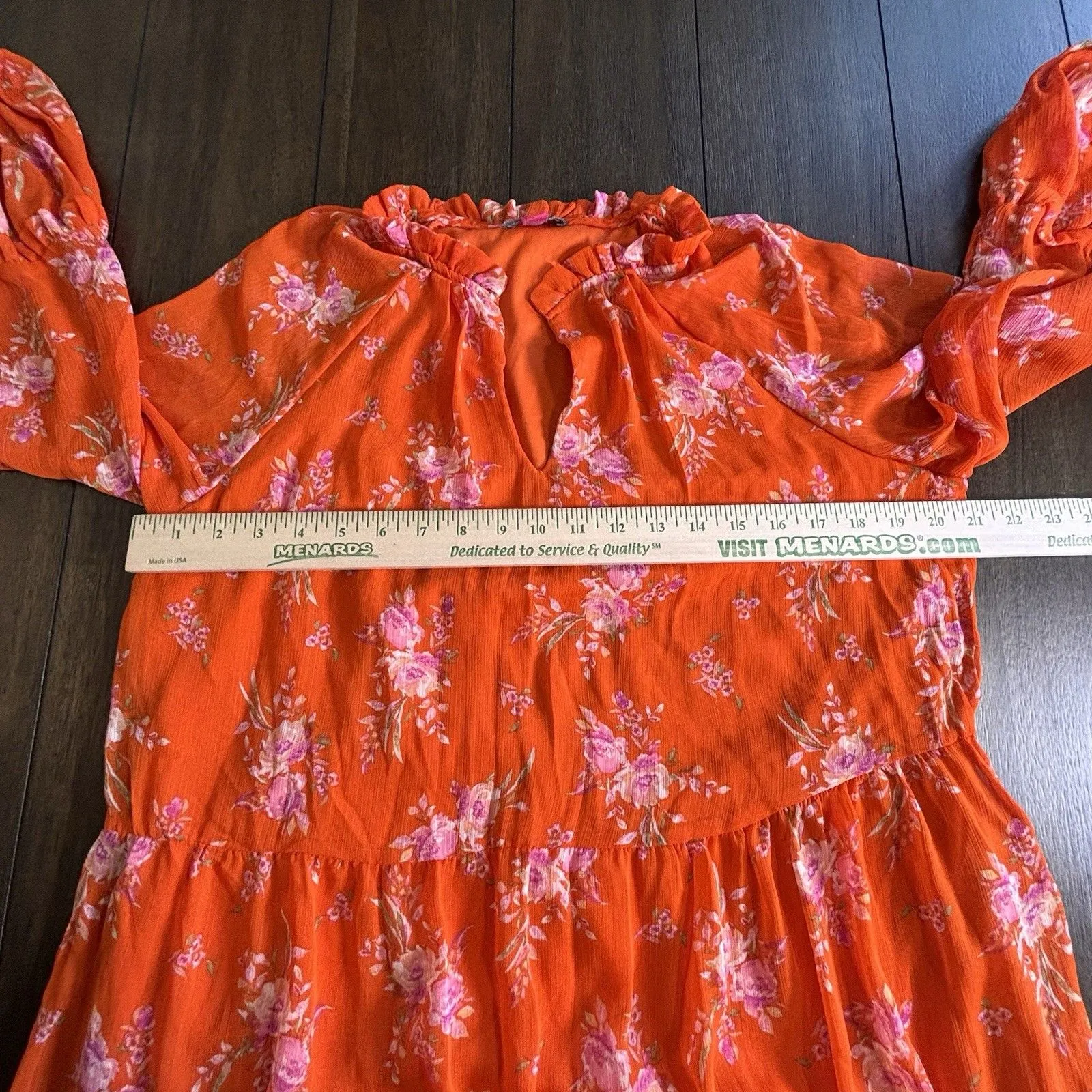 Vince Camuto Dress Sheer Long Sleeve V-Neck babydoll Dress Ruffle Hem Size Large - Image 5