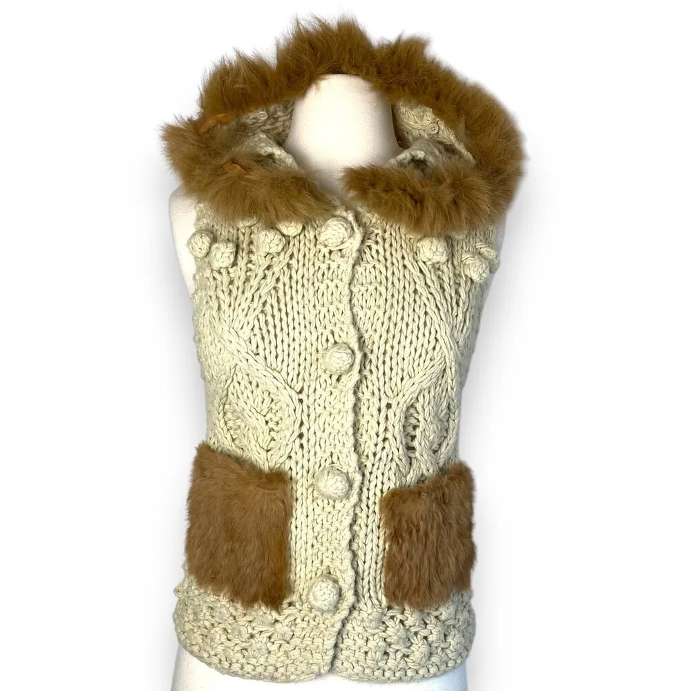 Hooded Boho Macrame Crochet Chunky Sweater Vest w Removable Faux Fur Collar Trim Brown Size M - Image 2