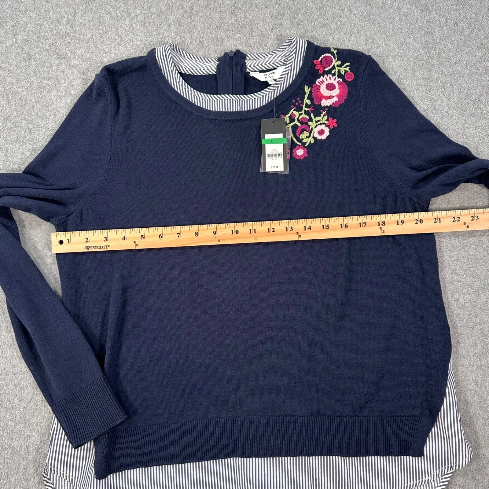 Crown & Ivy Layered Sweater Floral Embroidered Women's Large Navy Blue Stripe - Image 7