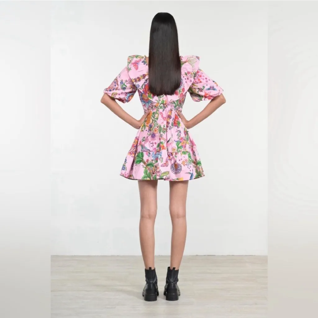 Banjanan Scorpio Dress Tree Of Life Pink Multi Mini Ruffle Tiered LG Poplin EUC - Image 3