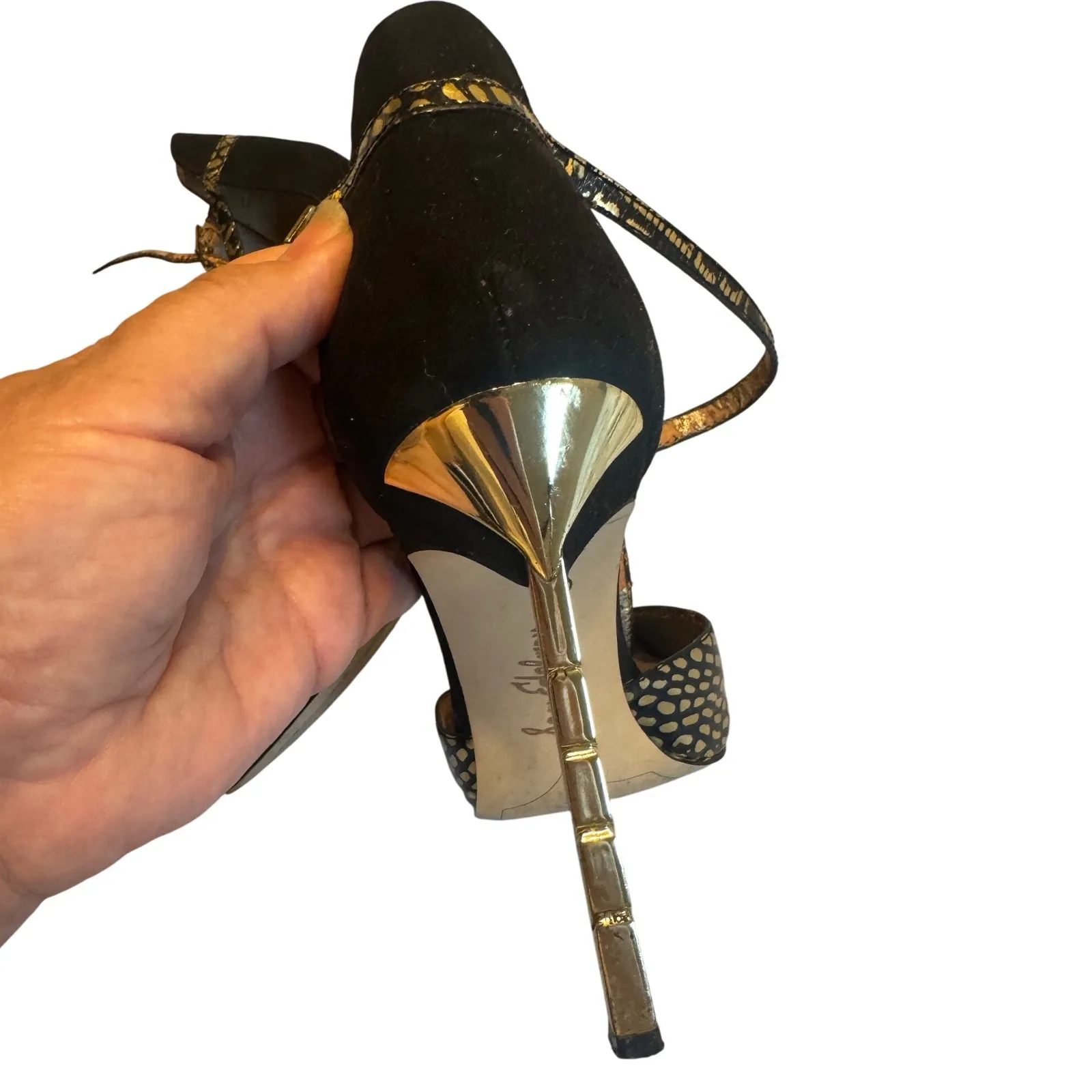 Sam Edelman  Black & Gold Alligator Embossed Pointed Toe Heels Ankle Strap - Image 2