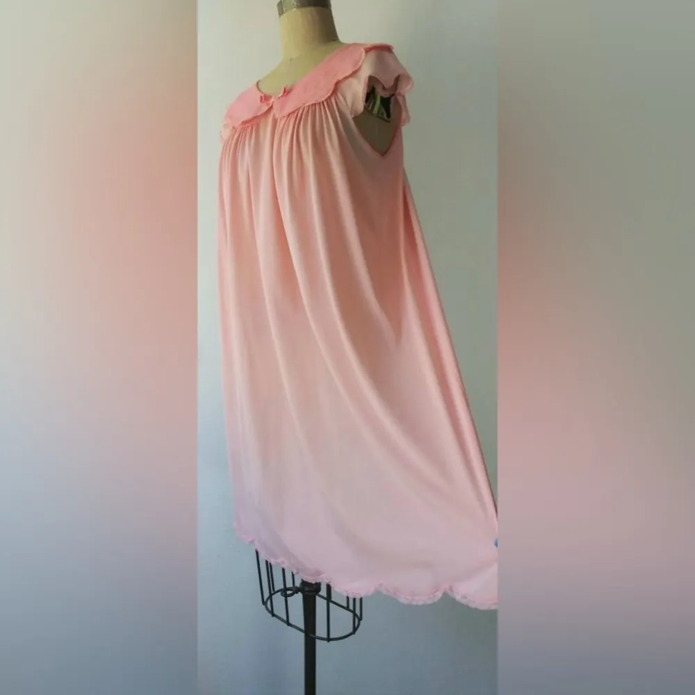 Vintage Babydoll Maxi Pink Lace Night Gown Sleep Ruffle Collar 70s 80s Bow - Image 3