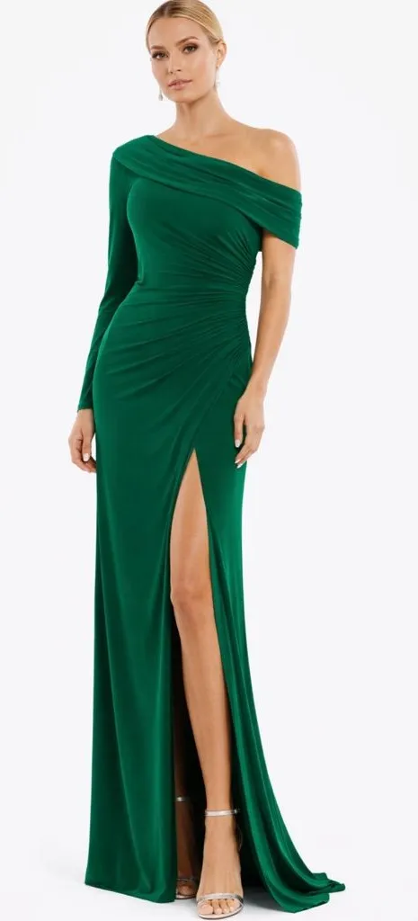Leena for Mac Duggal Emerald Green One-Shoulder Ruched Gown with Slit Size 8 π - Image 1
