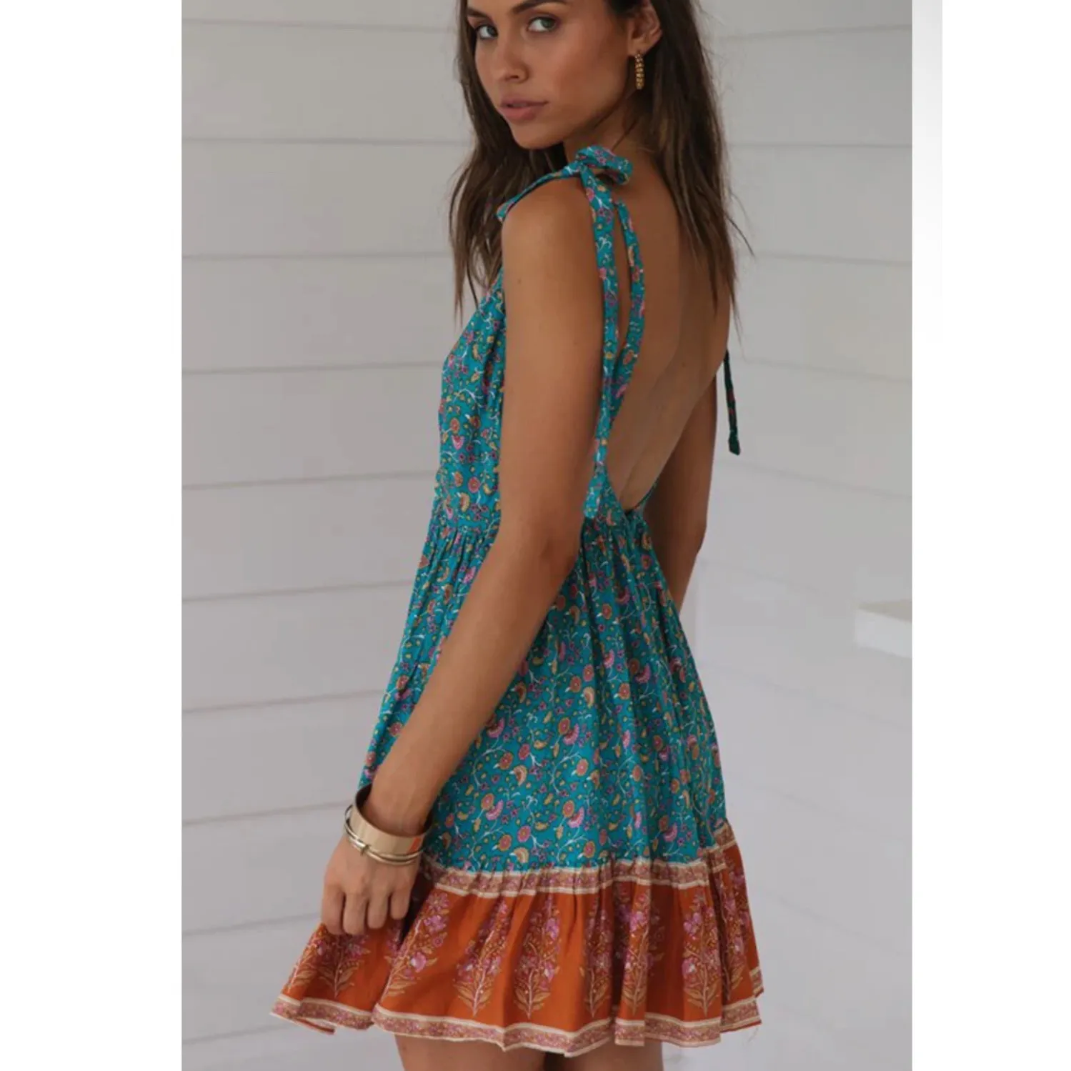 GABI | Teal Turquoise Orange Bohemian Floral Shoulder Tie Backless Mini Dress Blue - Image 2