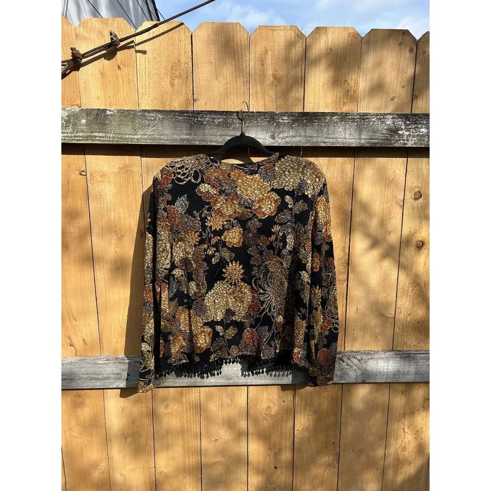 Vintage MSK Womens Floral Metallic Beaded Open Front‎ Cardigan Top Large Black - Image 6