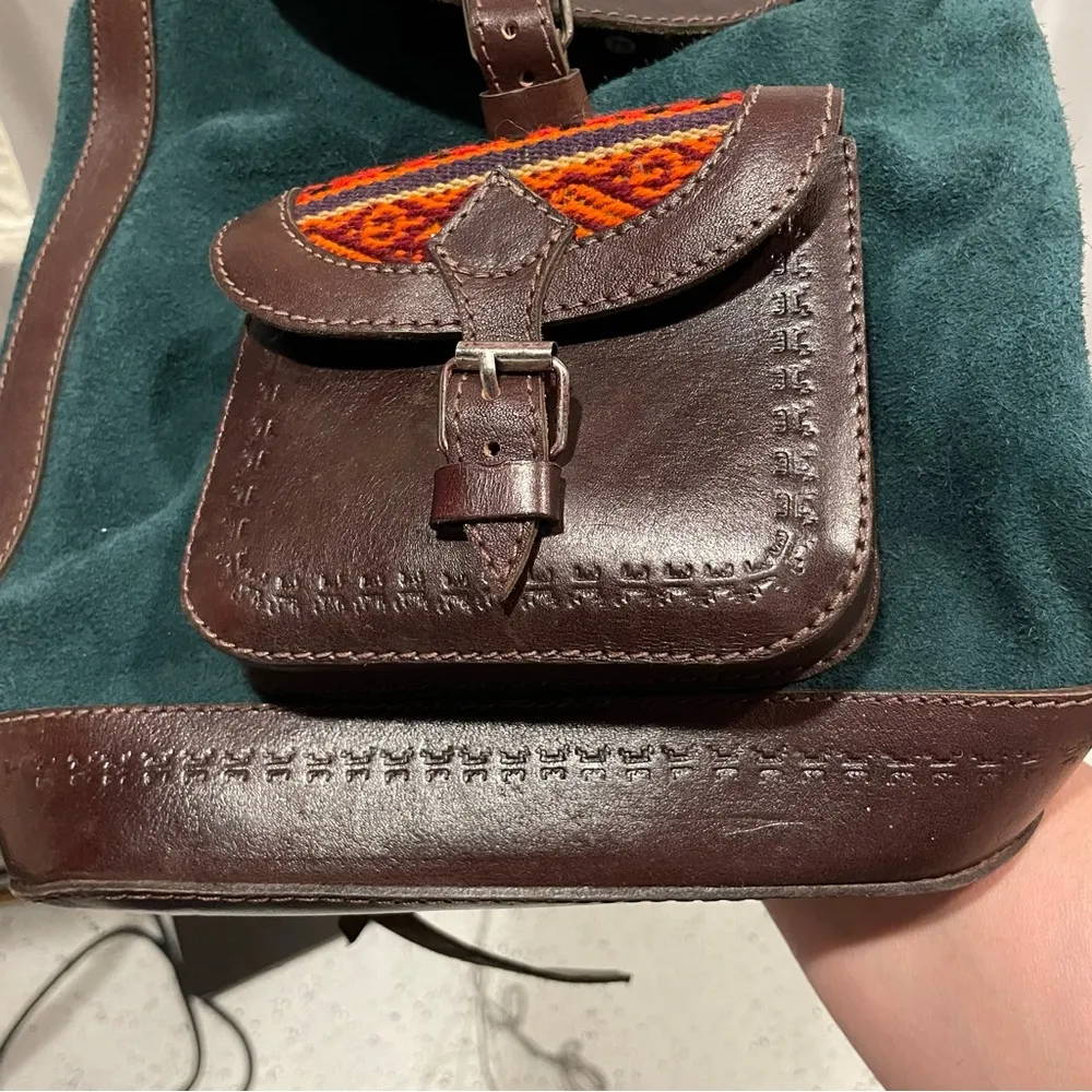 Groovy Aztec rainbow stitched green suede chocolate leather bucket backpack bag - Image 3