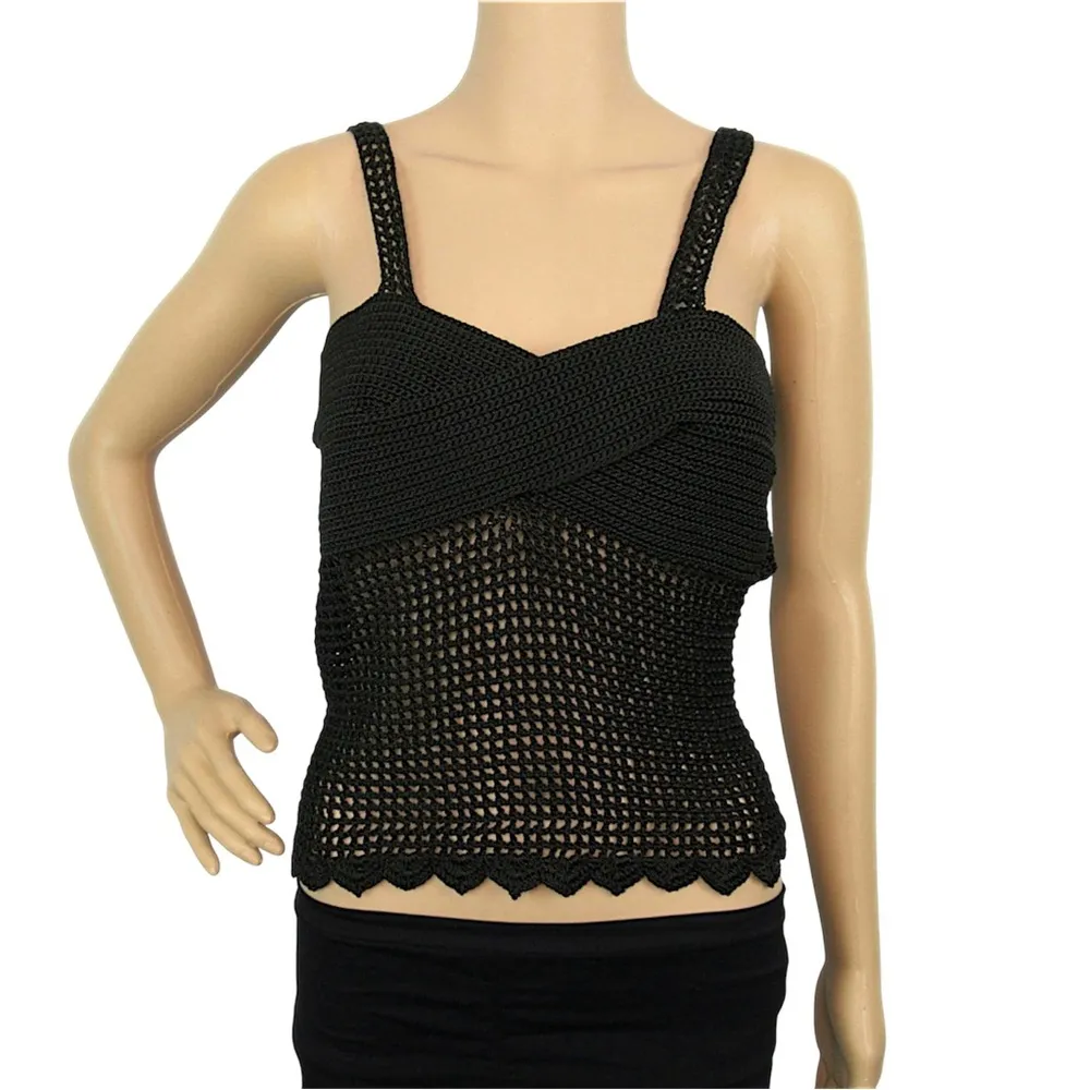 Crochet Tank Top Open Knit Black Cami Sheer Cut - Image 3