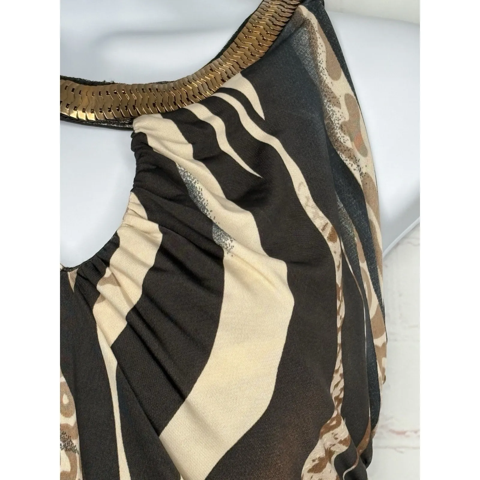 Venus Halter Top Women's Small animal Print Zebra Leopard Gold Trim Keyhole Ruch - Image 5