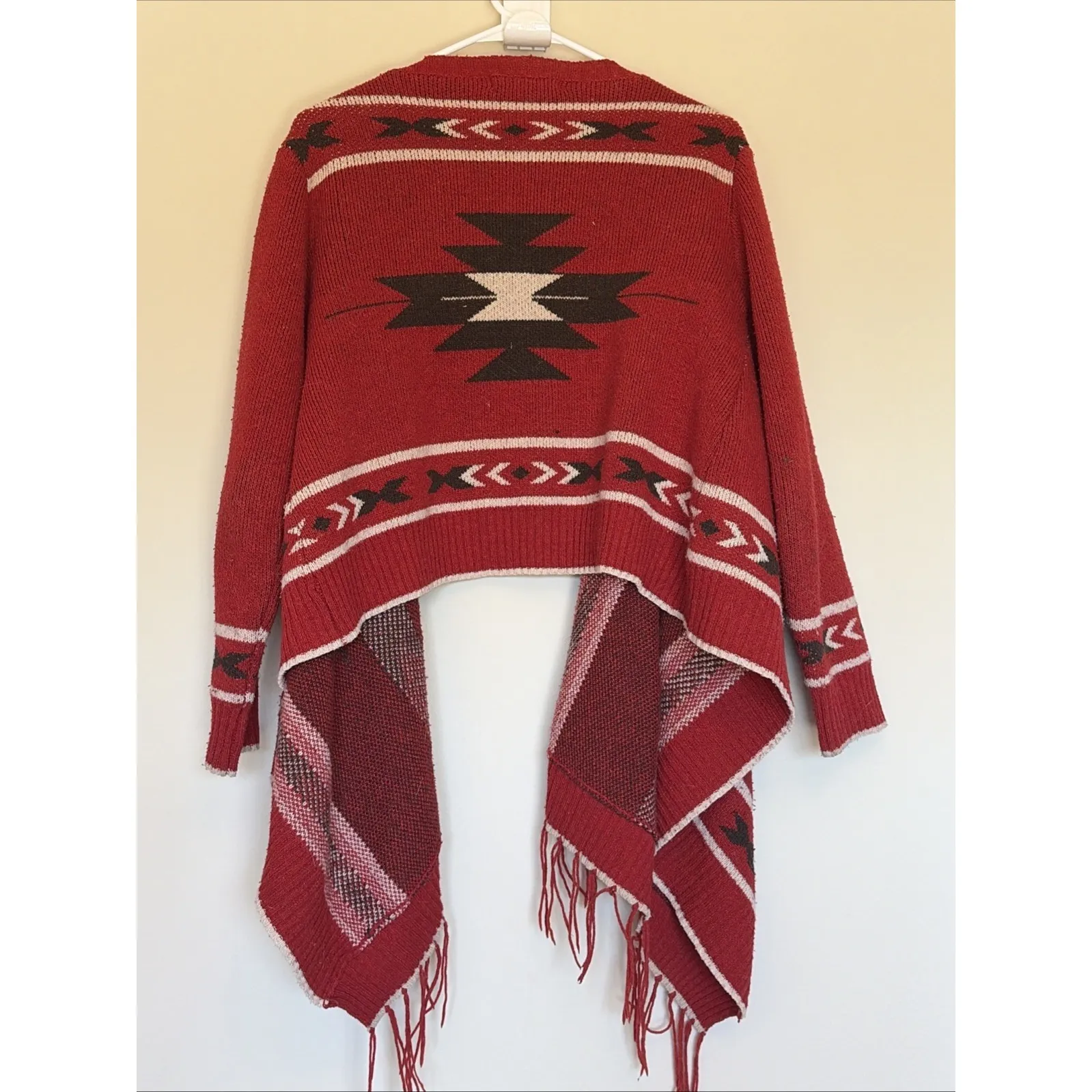 Tea n Rose Red Aztec Southwestern Fringe Wool Blend Open Cardigan Sweater Small - Image 6