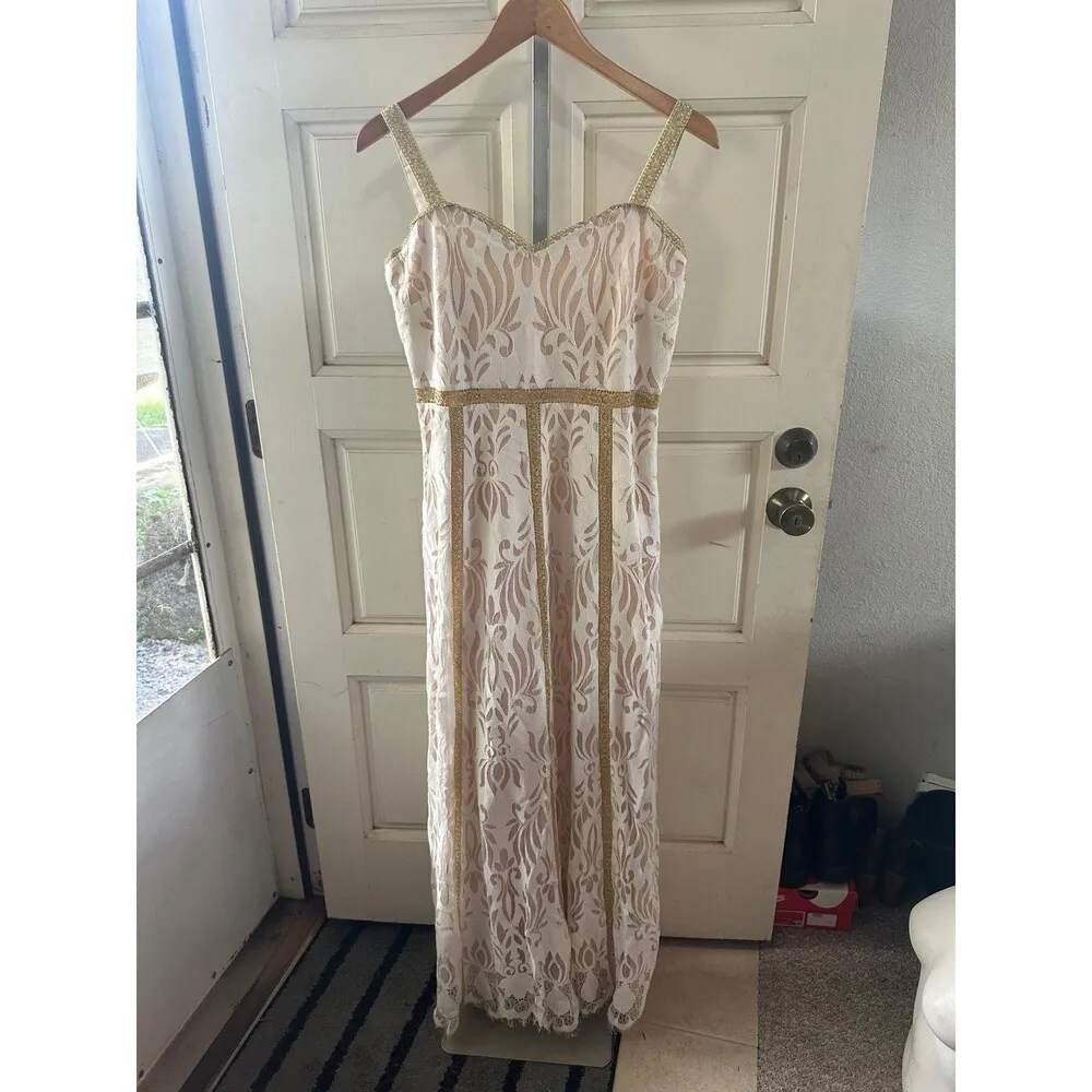Anthropologie Foxiedox Metallic Gold Lace Overlay Eyelash Hem Lined Maxi Dress L - Image 2