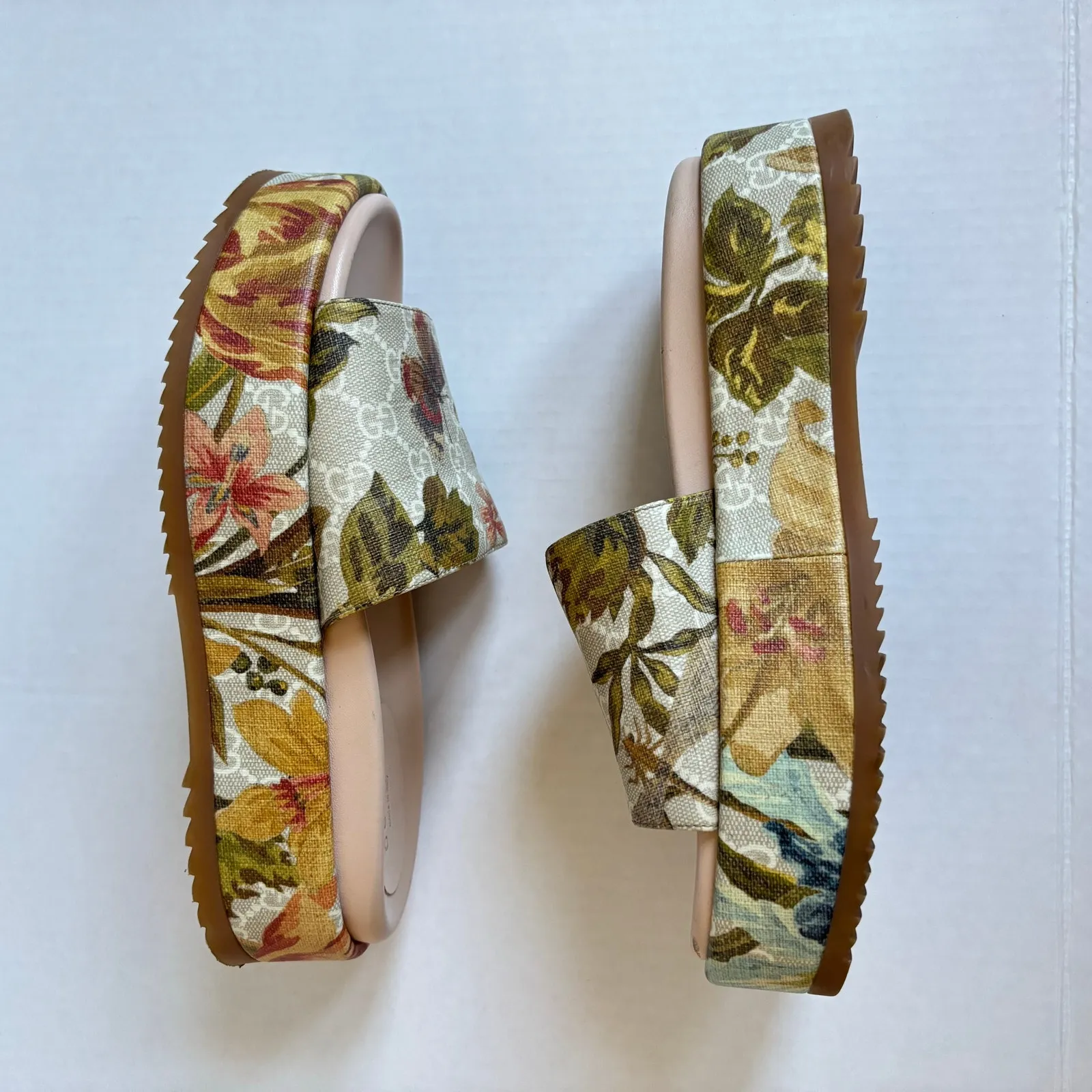 Gucci Angelina Platform Slide Sandals Beige GG Monogram Floral Canvas Size EU 38 - Image 10