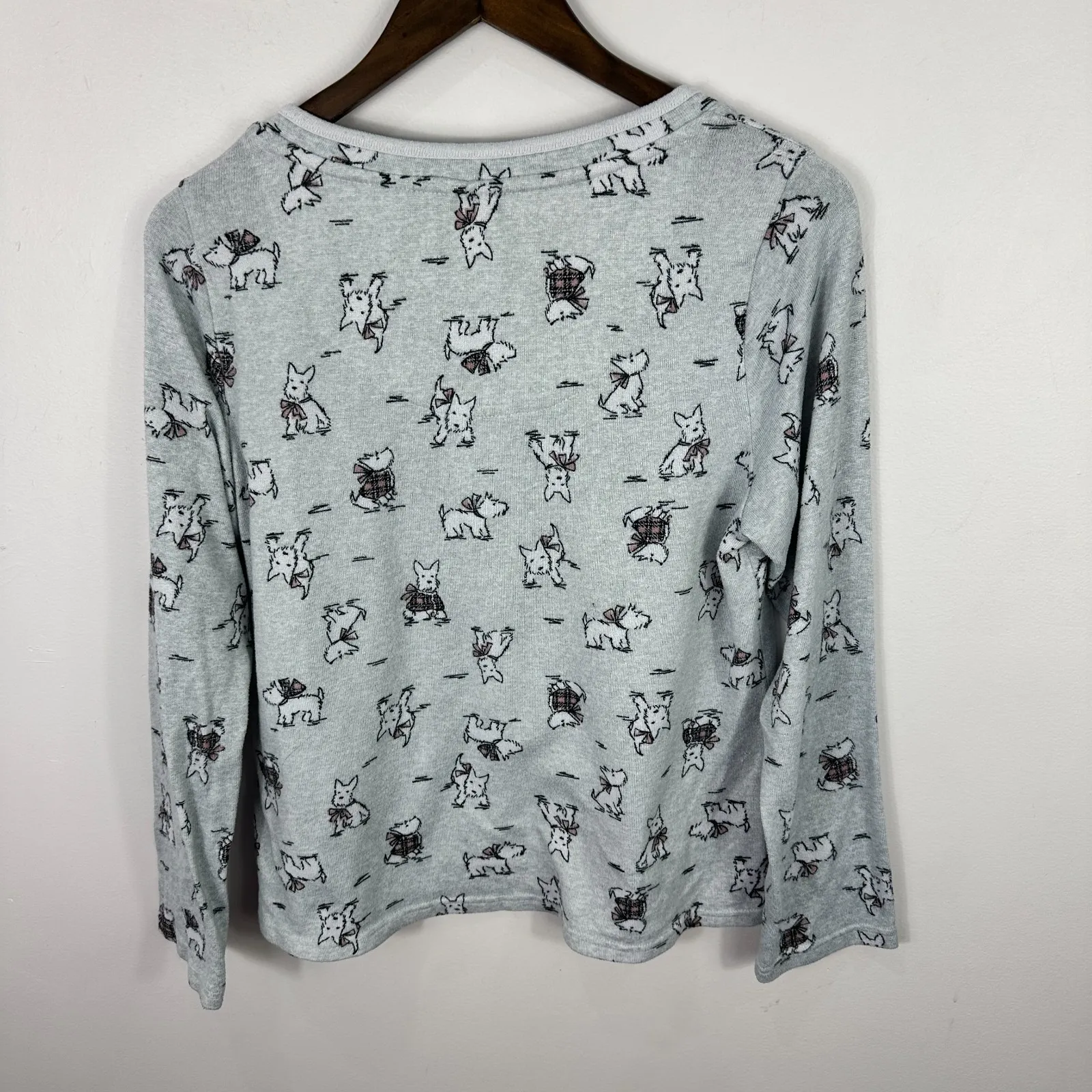 Laura Ashley Pajama Top L Gray‎ Long Sleeve Henley Dog Print Cottagecore Lounge - Image 6
