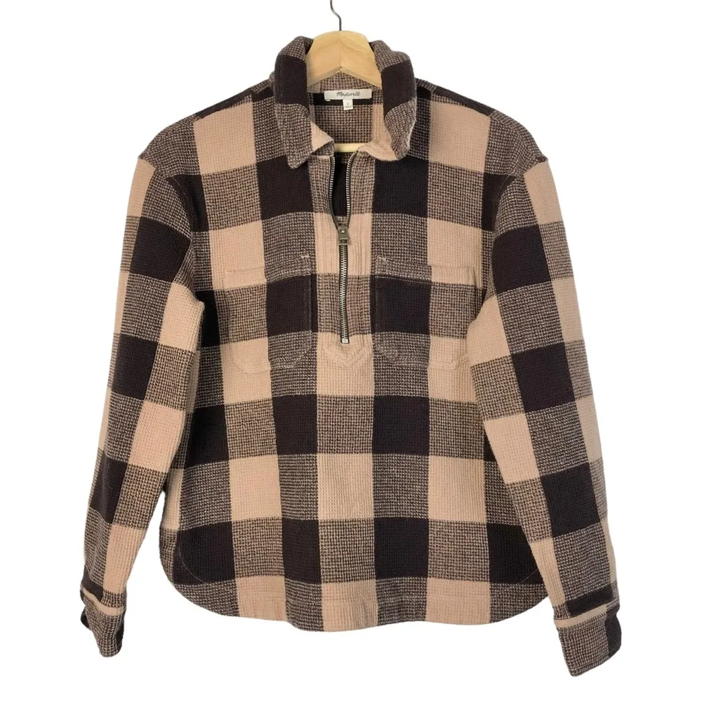 Madewell Waffle Half-Zip Popover Pink Plaid Long Sleeve Top S - Image 38
