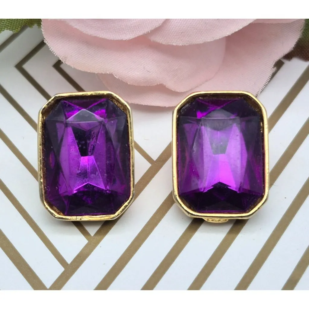 Gold Tone & Purple Crystal Rectangle Statement Stud Earrings Prom Formal Event - Image 4