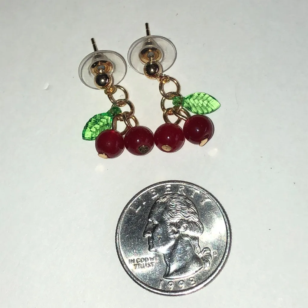 Gold Tone Cherry Drop Earrings with Green Leaves Red - Image 3