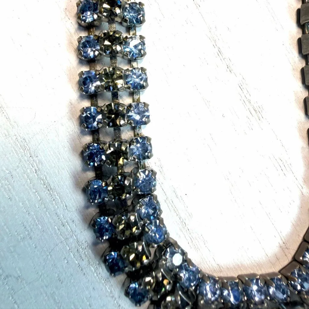 Vintage Silver Tone Blue & Smoke Rhinestone Triple Row Necklace - Image 4