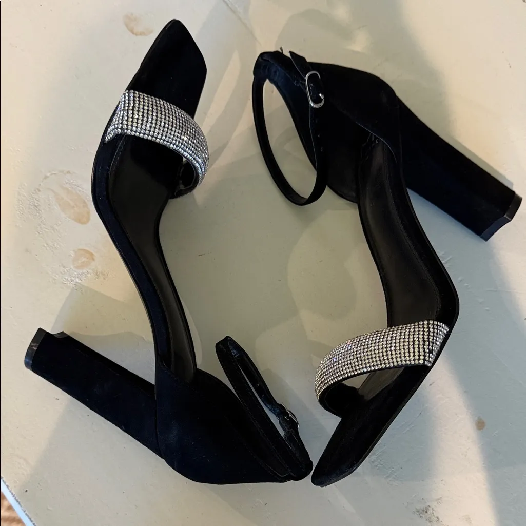 MARC FISHER Formal Black Suede & Silver Sparkle Bling Ankle Strap Heels Size 8 - Image 9