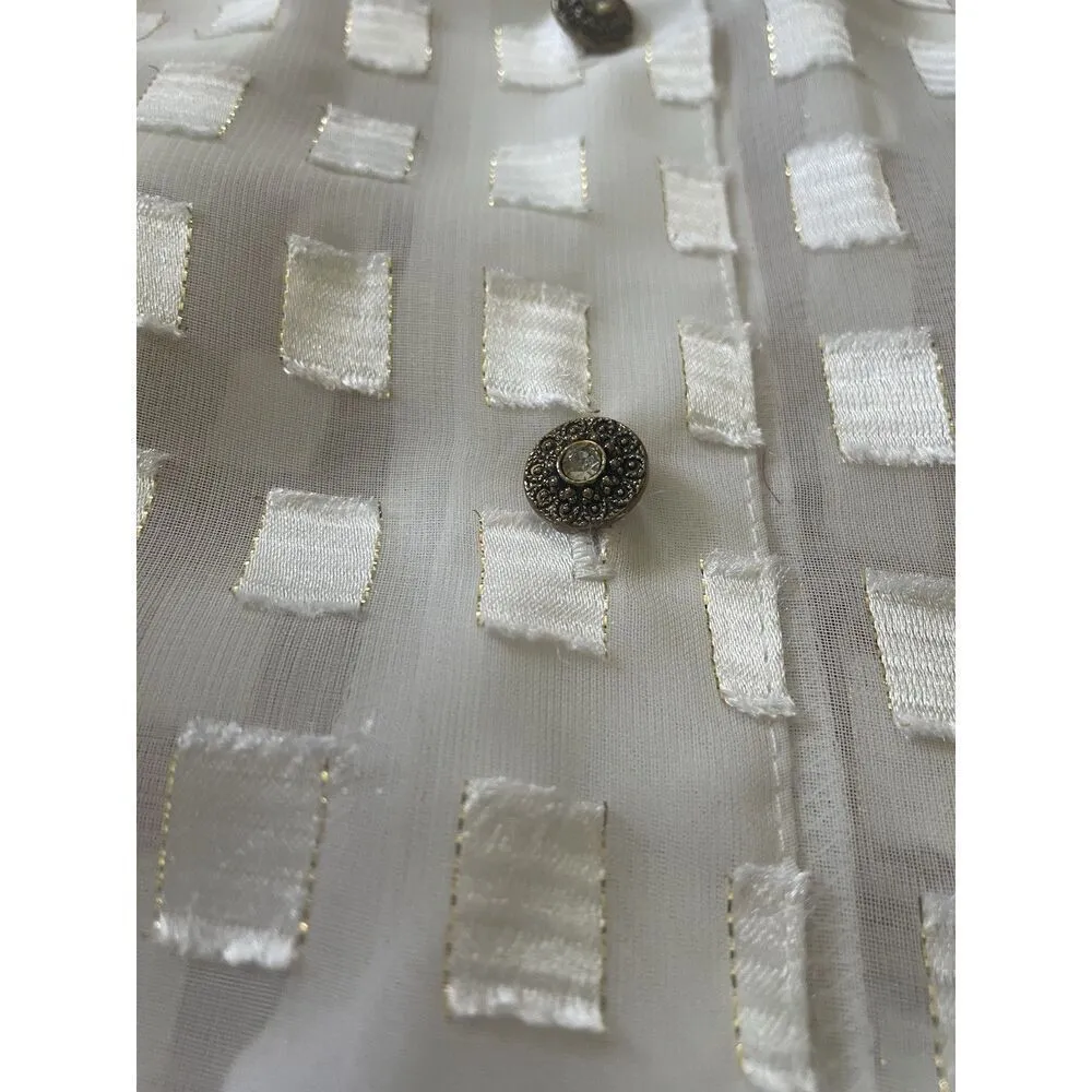 Notations Vintage  Sheer Blouse 2X White Gold Geometric Button Down USA - Image 4
