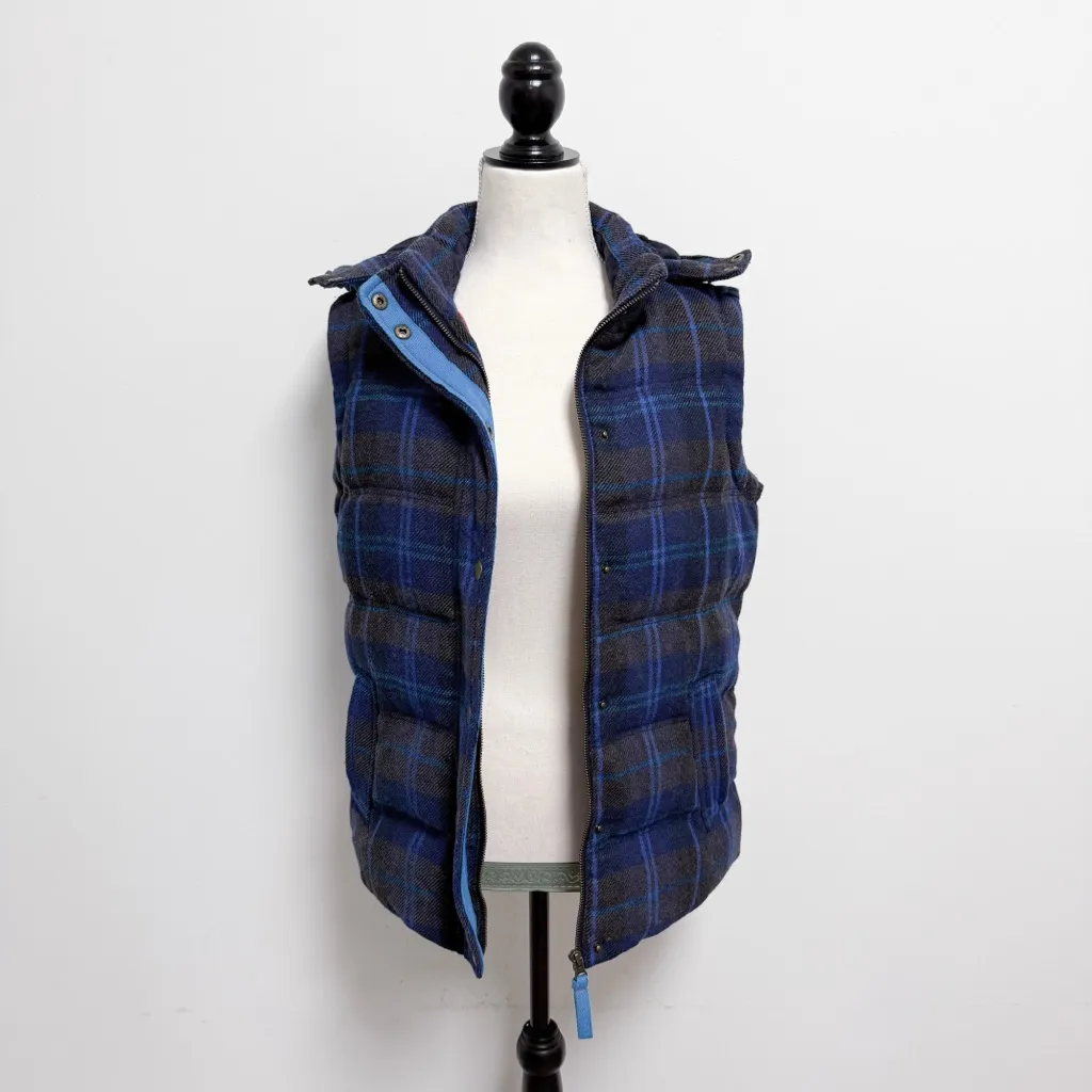 Boden Blue Brown Plaid Wool Blend Zip Up Hooded Puffer Pembroke Down Vest 6 - Image 2