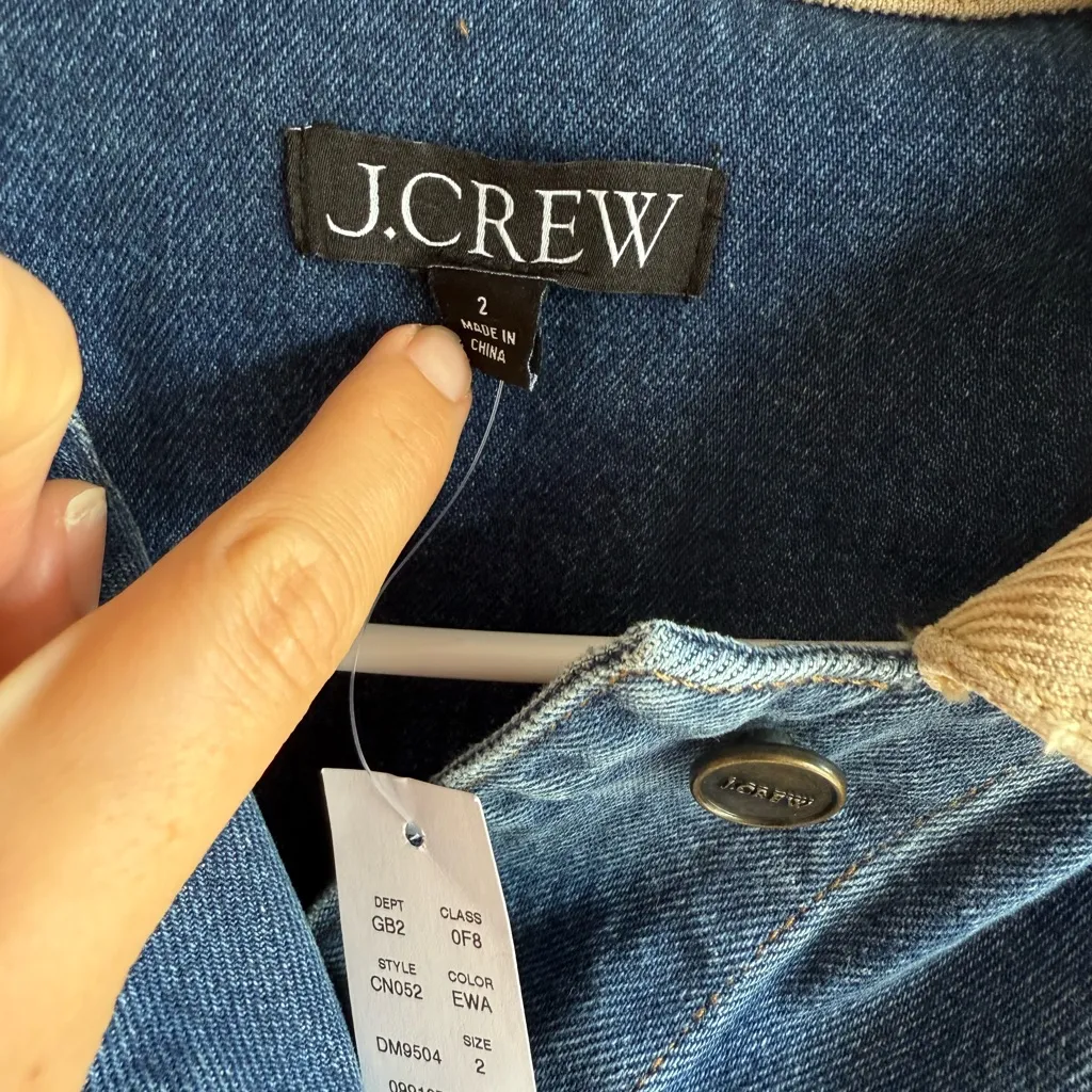 J. Crew Blue Denim Jacket with Tan Collar cropped XS SIZE 2 NWT - Image 6