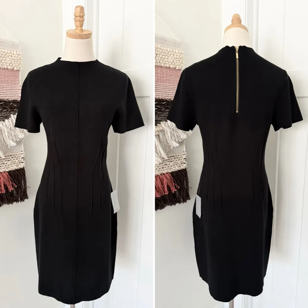 Eliza J Pintuck Short Sleeve Knit Fitted Sheath Dress Black Sz L NWT - Image 5