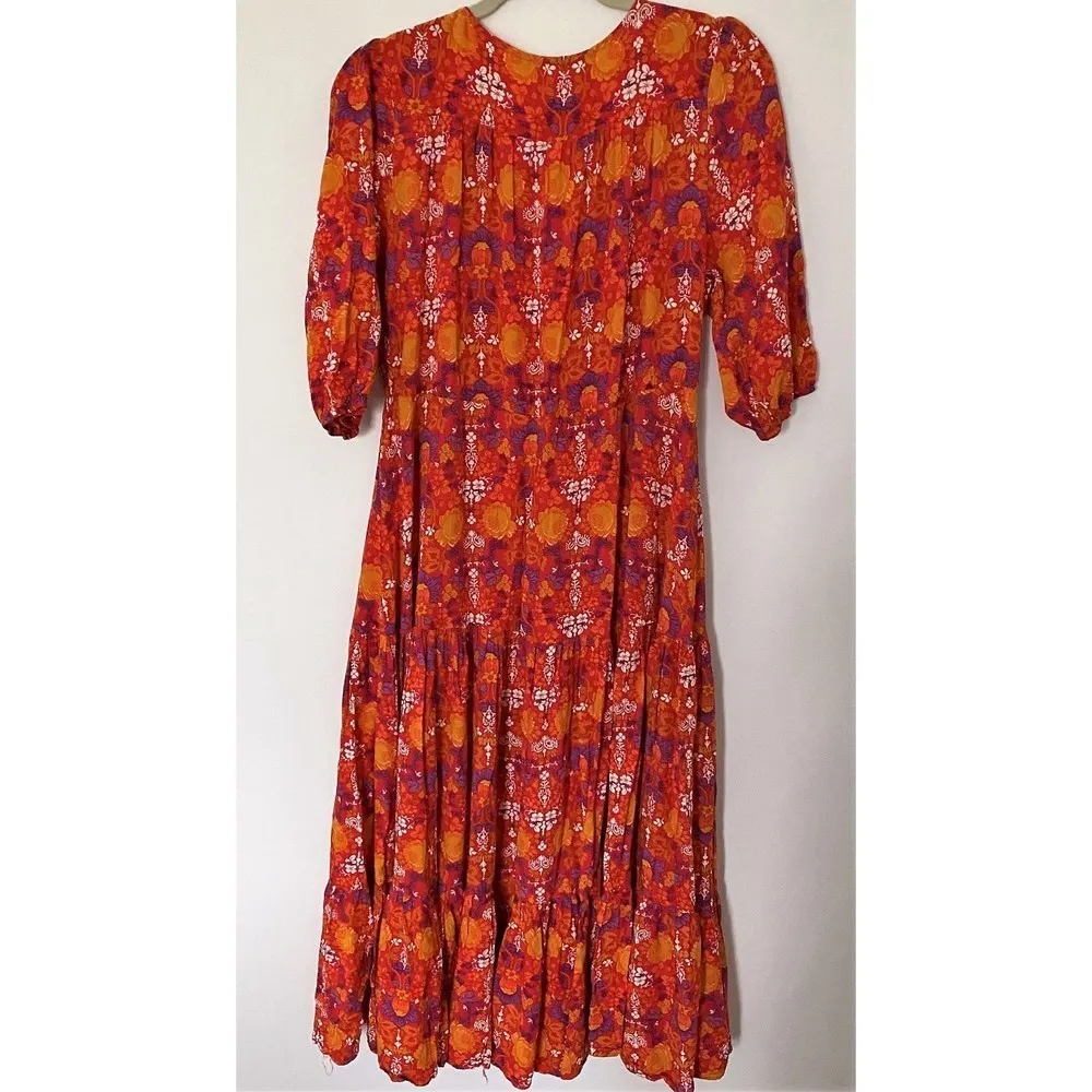 ANTHROPOLOGIE  Floral Peasant Dress Vneck Empire Waist Boho Midi M - Image 3