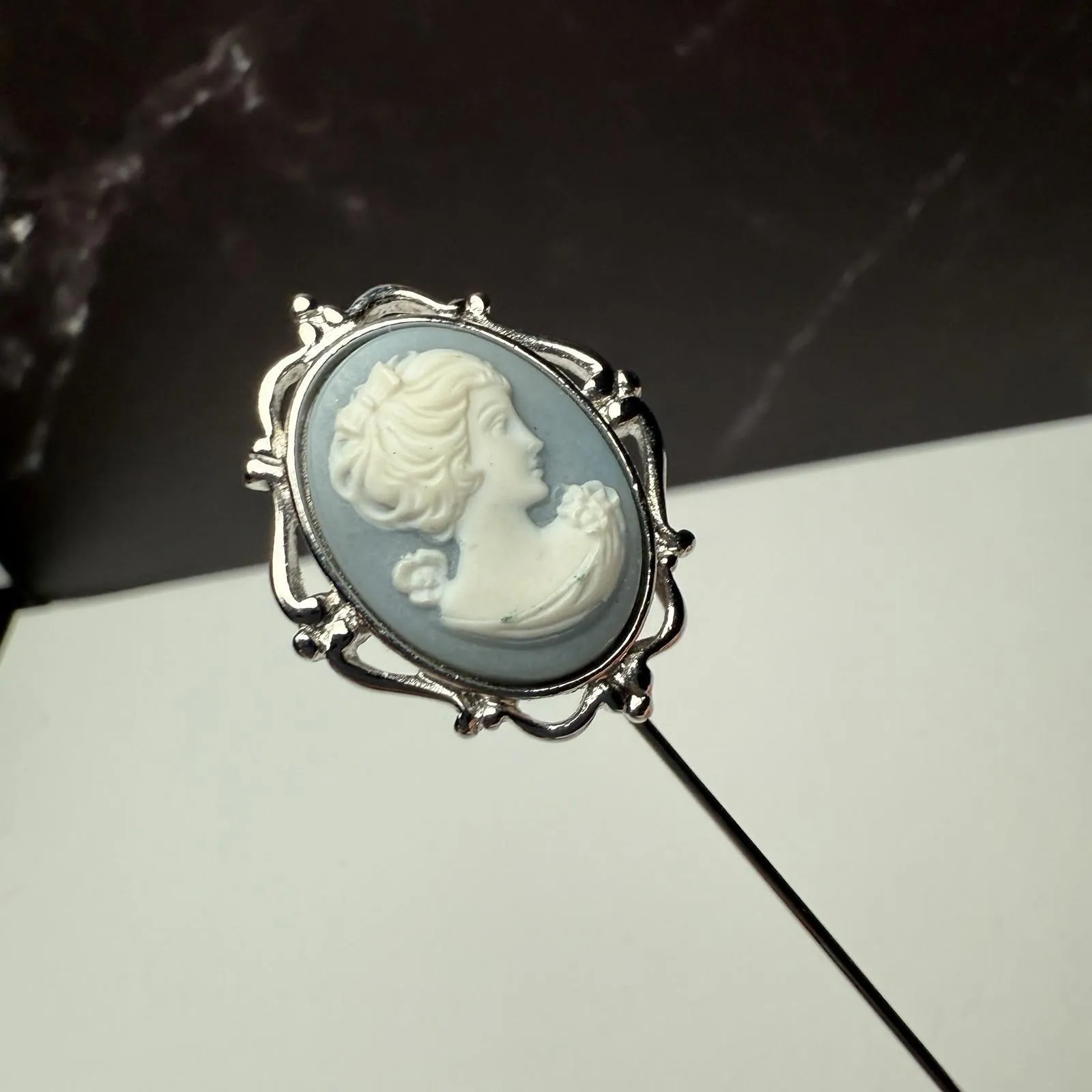 Signed Trifari Blue Cameo Face Of Lady Silver Tone Lapel Stick Pin - Image 11