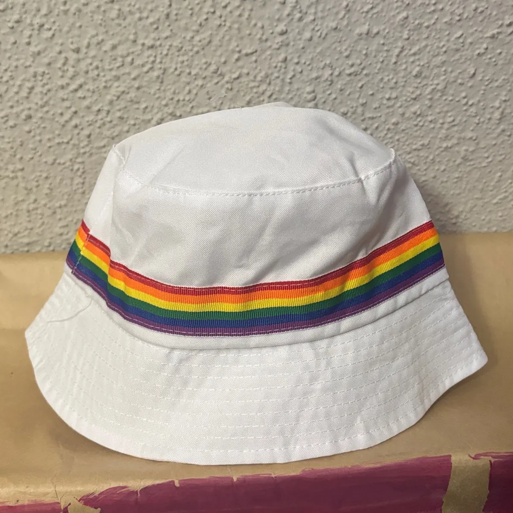 White Bucket Pride Hat with Rainbow Stripe Colorful Casual Dopamine Festival O/S - Image 2