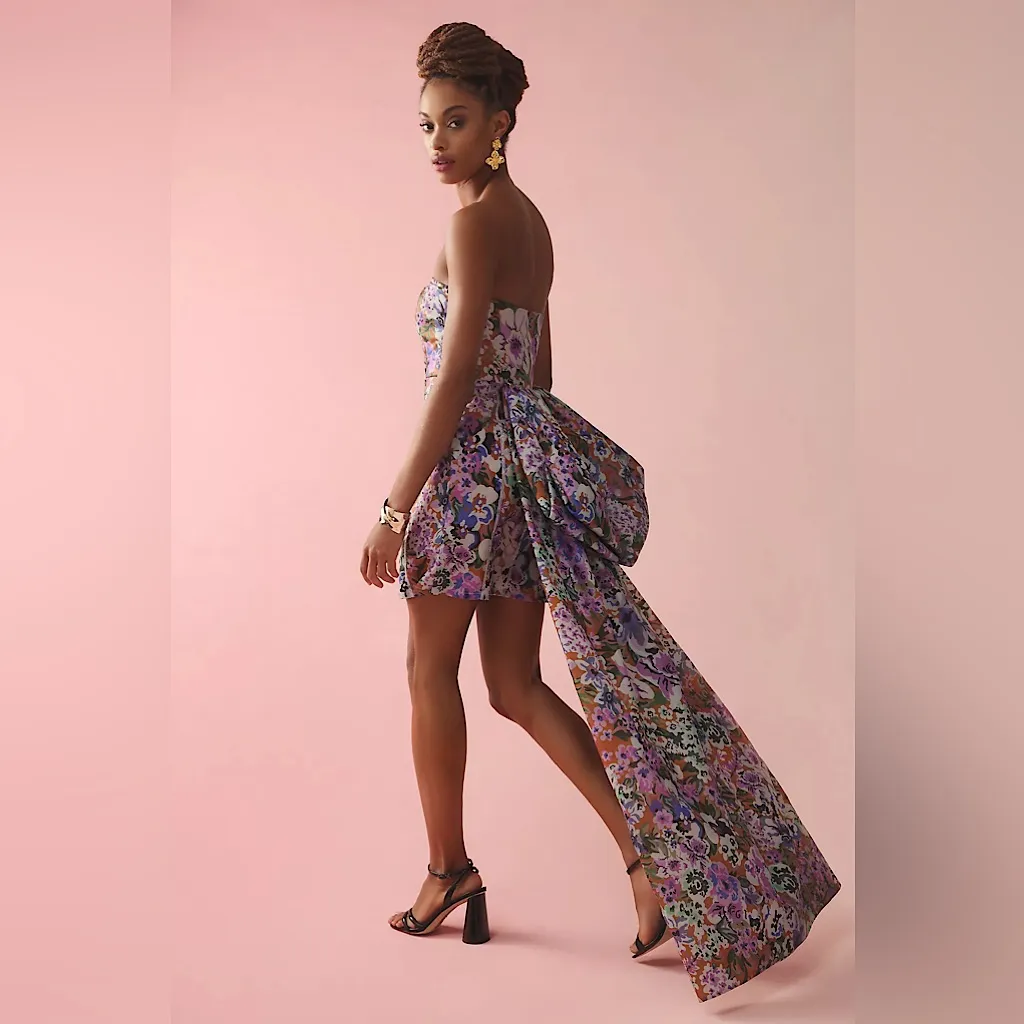 Anthropologie Geisha Designs Floral Strapless Mini Dress Bow Detail $348 Large - Image 2