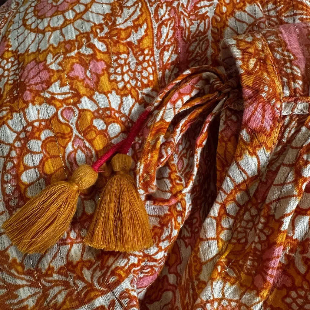 Anthropologie Terra Shirred Blouse Metallic Accent Tassel Tie Shoulder XS Orange - Image 3