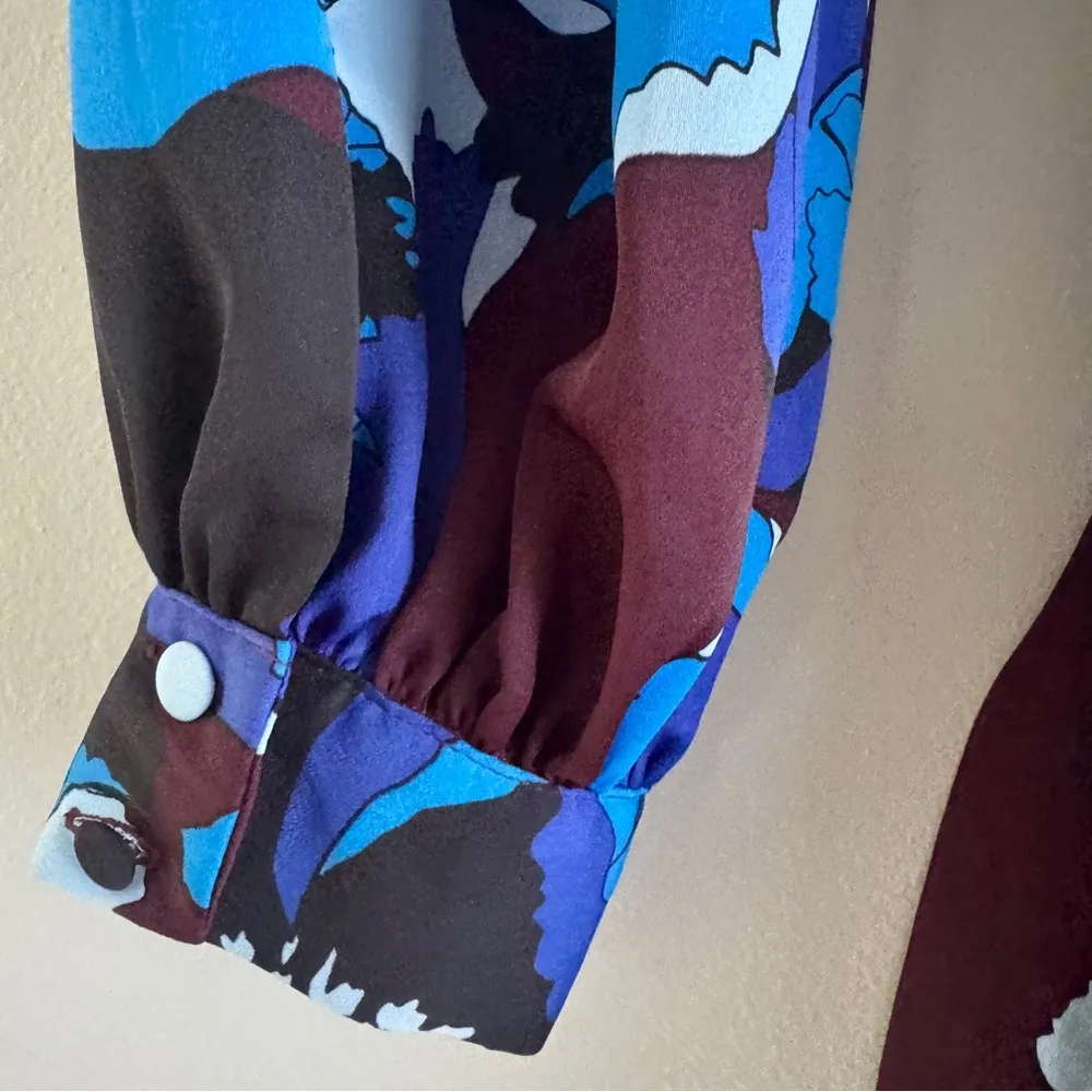 Who What Wear Blue Floral Long Sleeve Tie Waist High Neck Shoulder Button Dress - Image 7