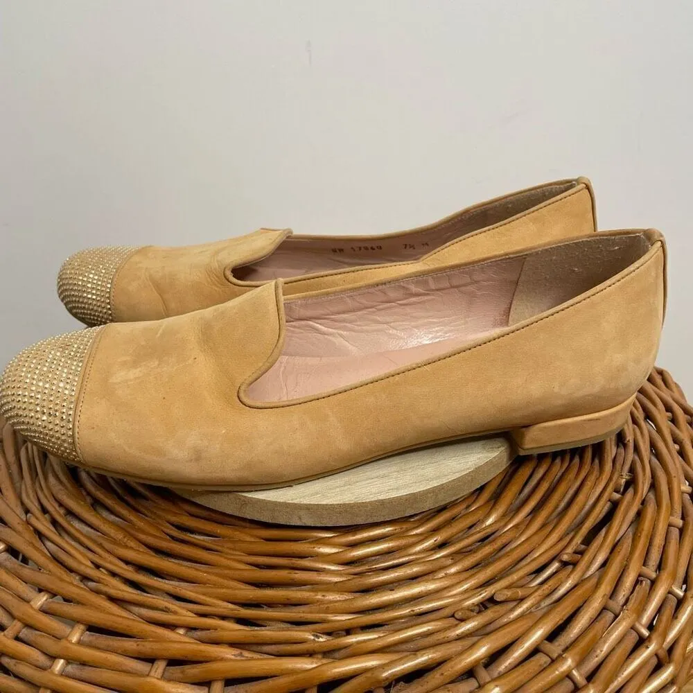 Stuart Weitzman Lingo Slip On Loafer 7.5 Beige Nubuck Nailhead Cap Toe Shoe Tan - Image 3