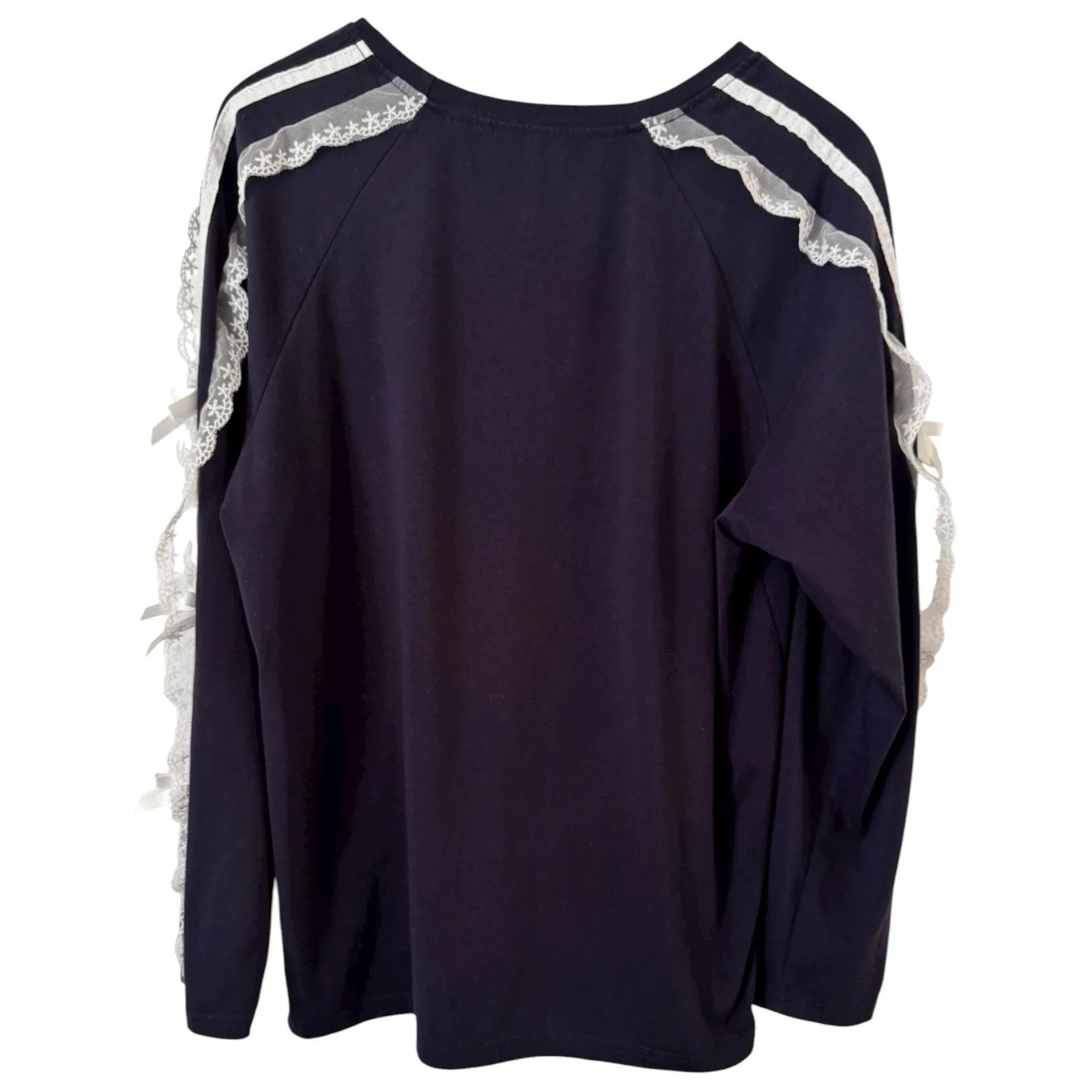 Dazy Navy Blue White Lace Ribbon Sleeve T - Image 2