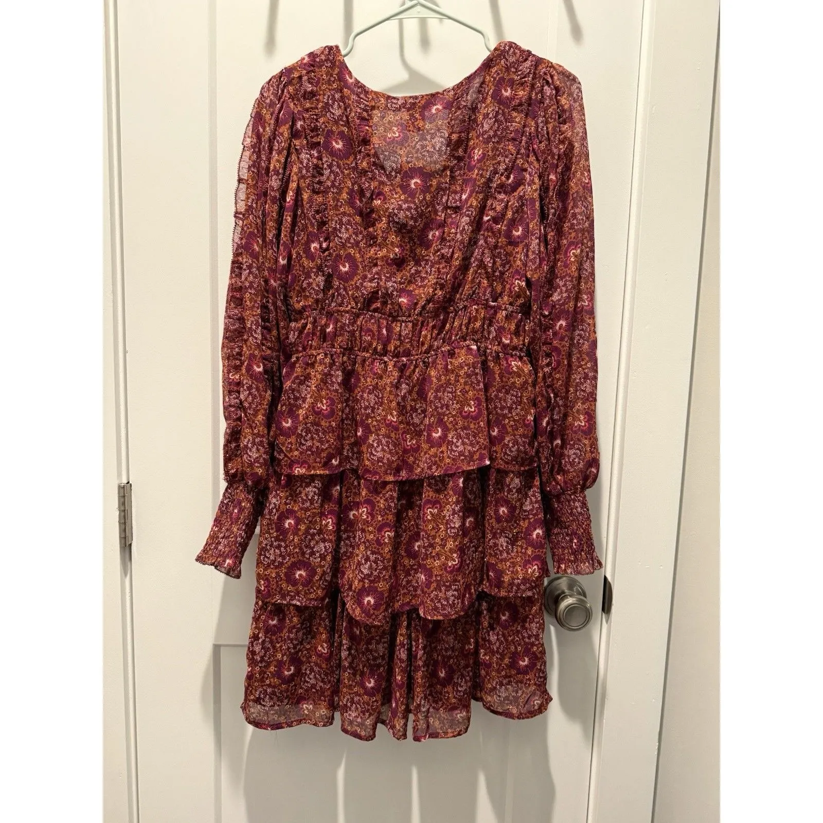 House Of Harlow Tiered 1960 Floral Mini Dress Berry Size 8 longsleeve womens Red - Image 8