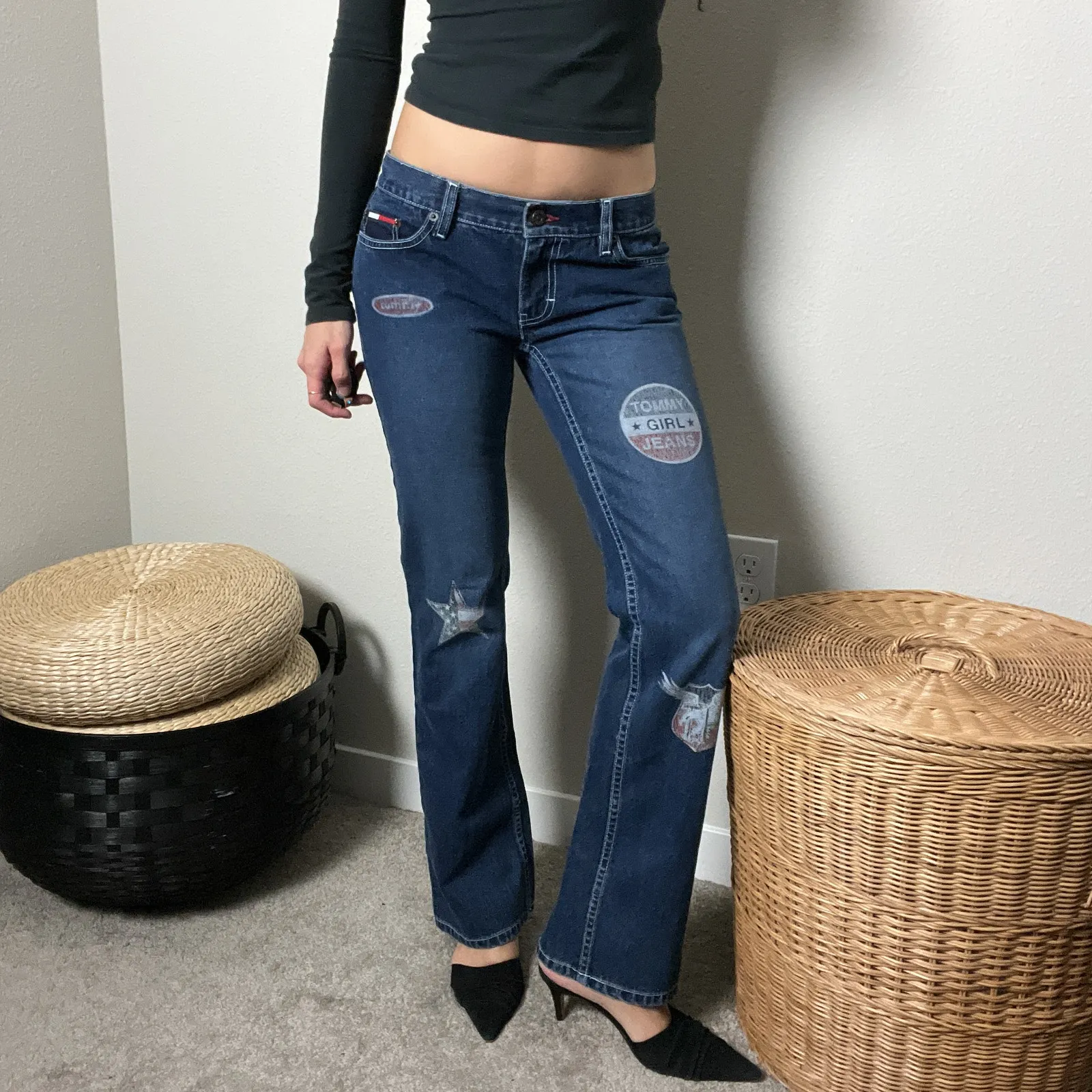 y2k vintage tommy jeans blue low rise bootcut patchwork printed aop jeans - Image 4