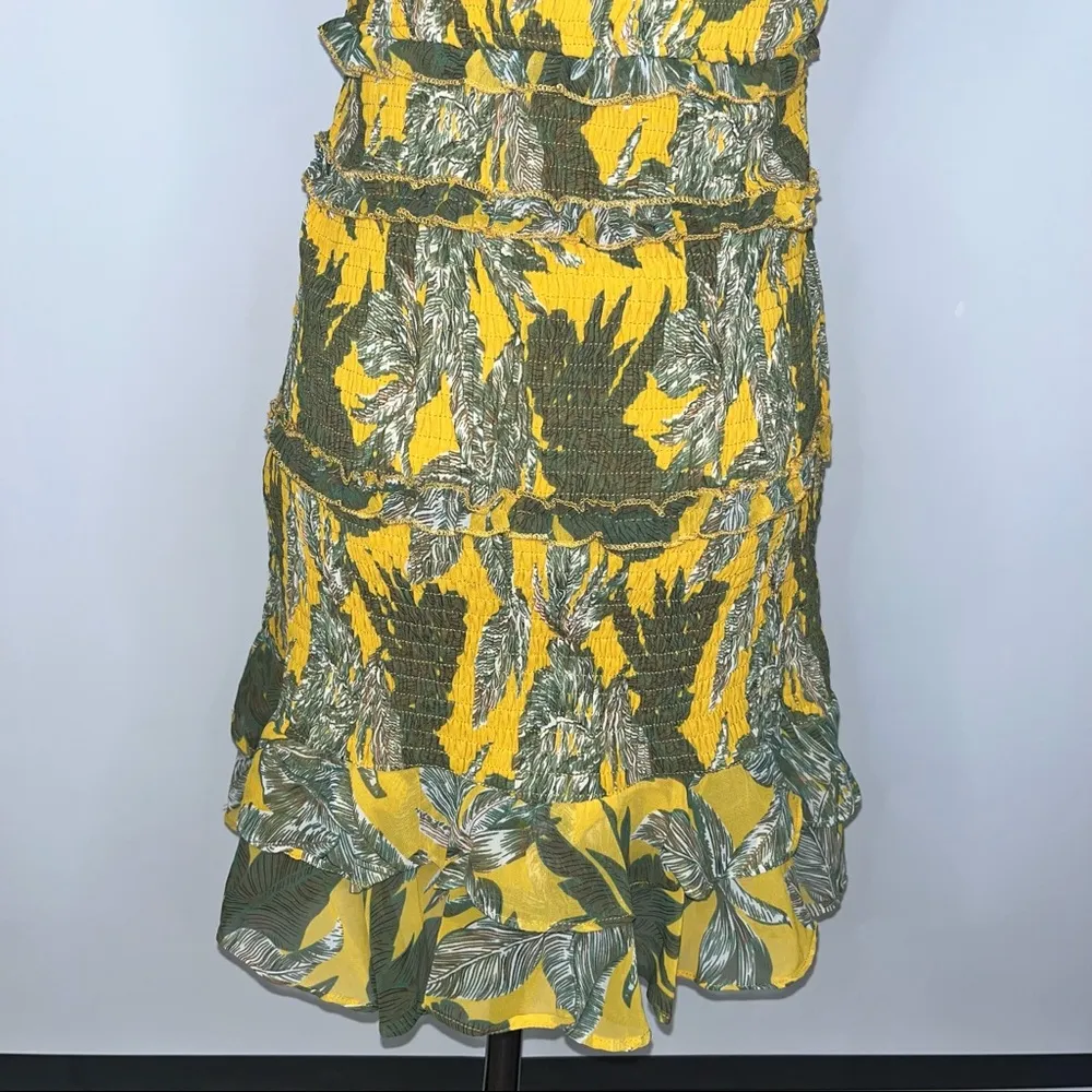 Yellow Green Palm Smocked Tiered Ruffle Short Mini Dress Medium NWT - Image 12