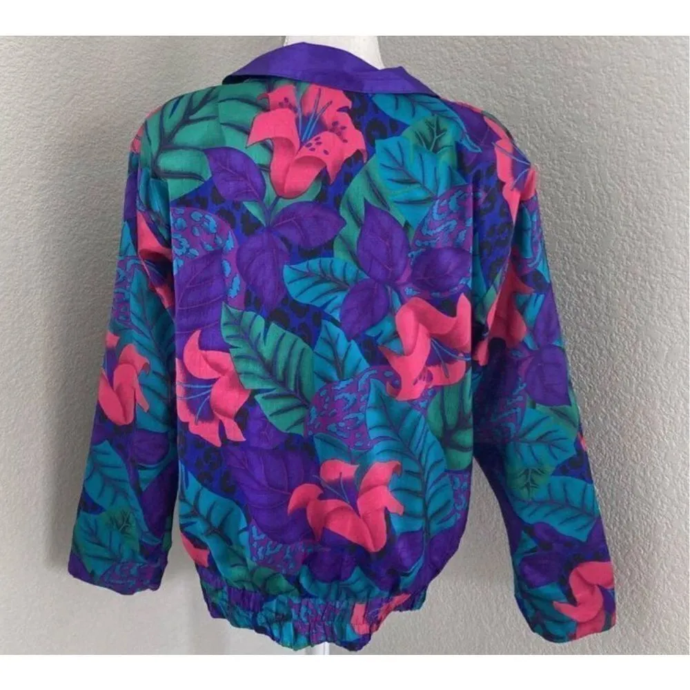 Joan Walters 90’s Vintage Purple Floral Reversible Windbreaker Jacket Size S - Image 4
