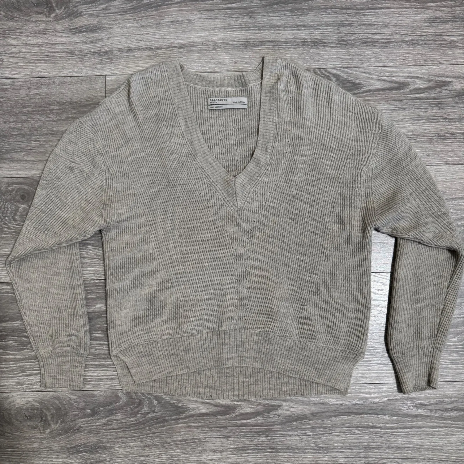 ALLSAINTS Women's Medium Grey V Neck Long Sleeve 100% Merino Wool Luxury Sweater Gray - Image 8