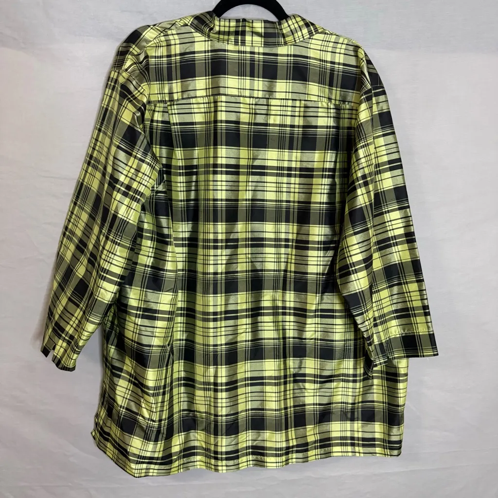 VTG Karen Arnold Sz 3X Chartreuse 100% Silk Taffeta Jacket Plaid Top Plus Size‎ Green - Image 4