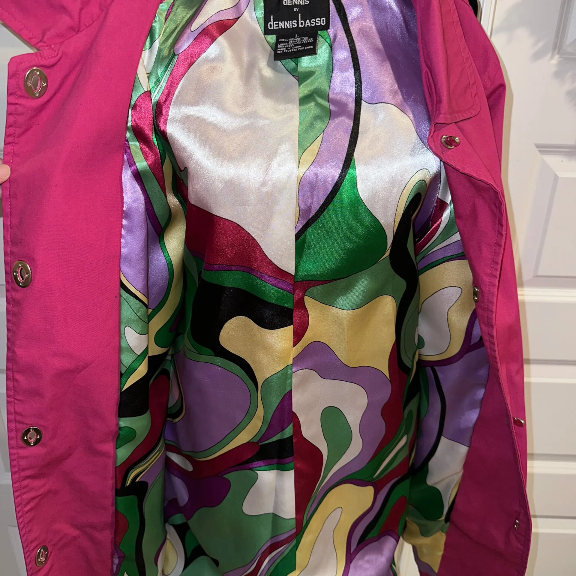 Dennis Basso Hot Pink Water Resistant Button Up Jacket with Printed Lining - Image 6